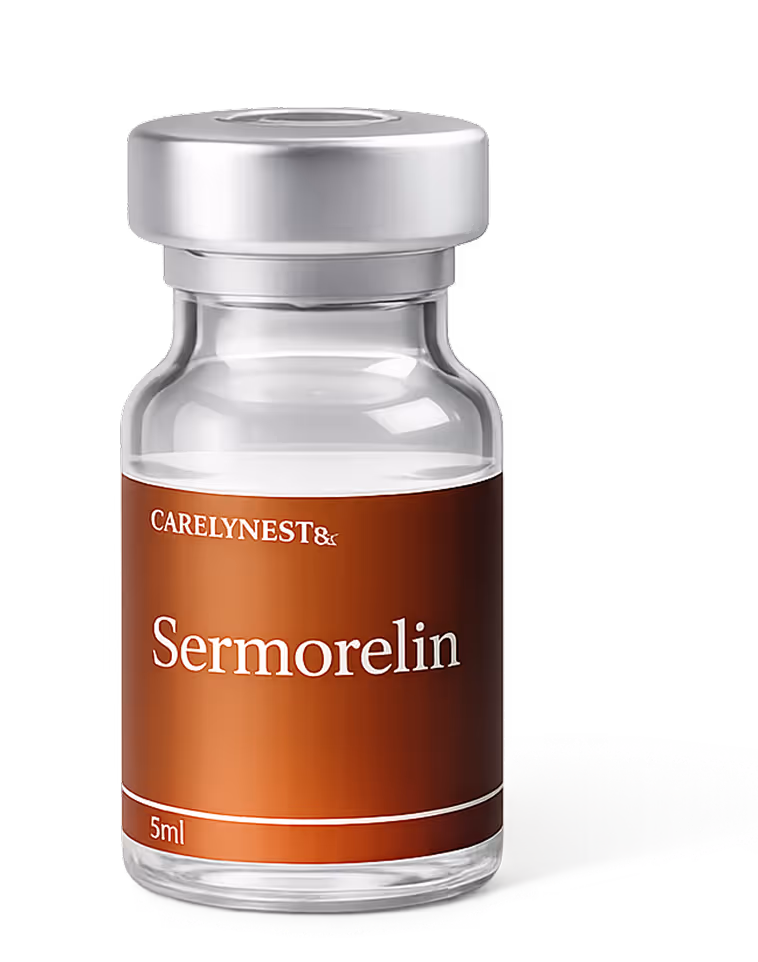 Clear glass vial with a silver cap labeled 'Carelynest Sermorelin 5ml'.