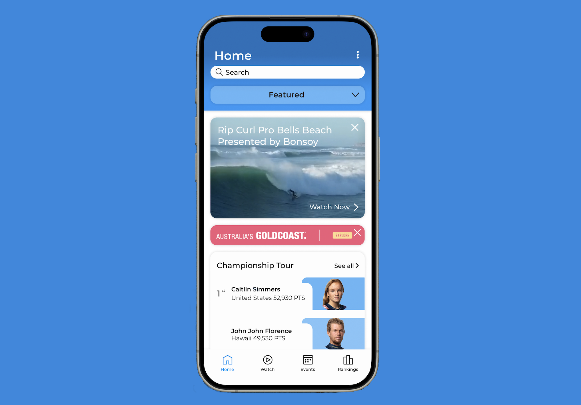 iPhone displaying world surf league app