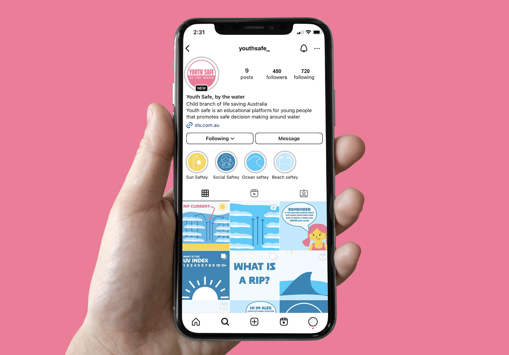 Hand holding phone displaying instagram