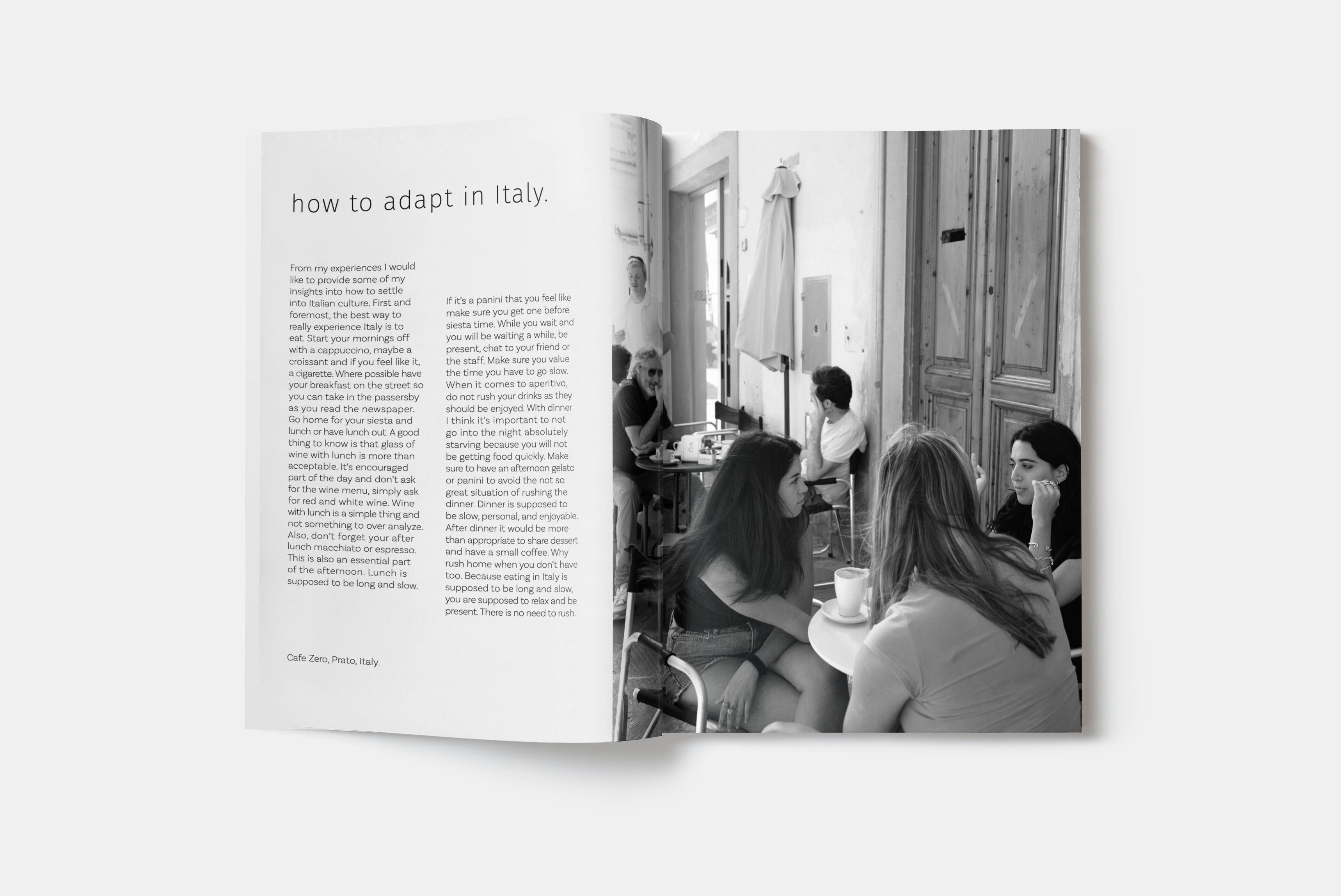 Publication page: text and photograph of girls drinking coffee