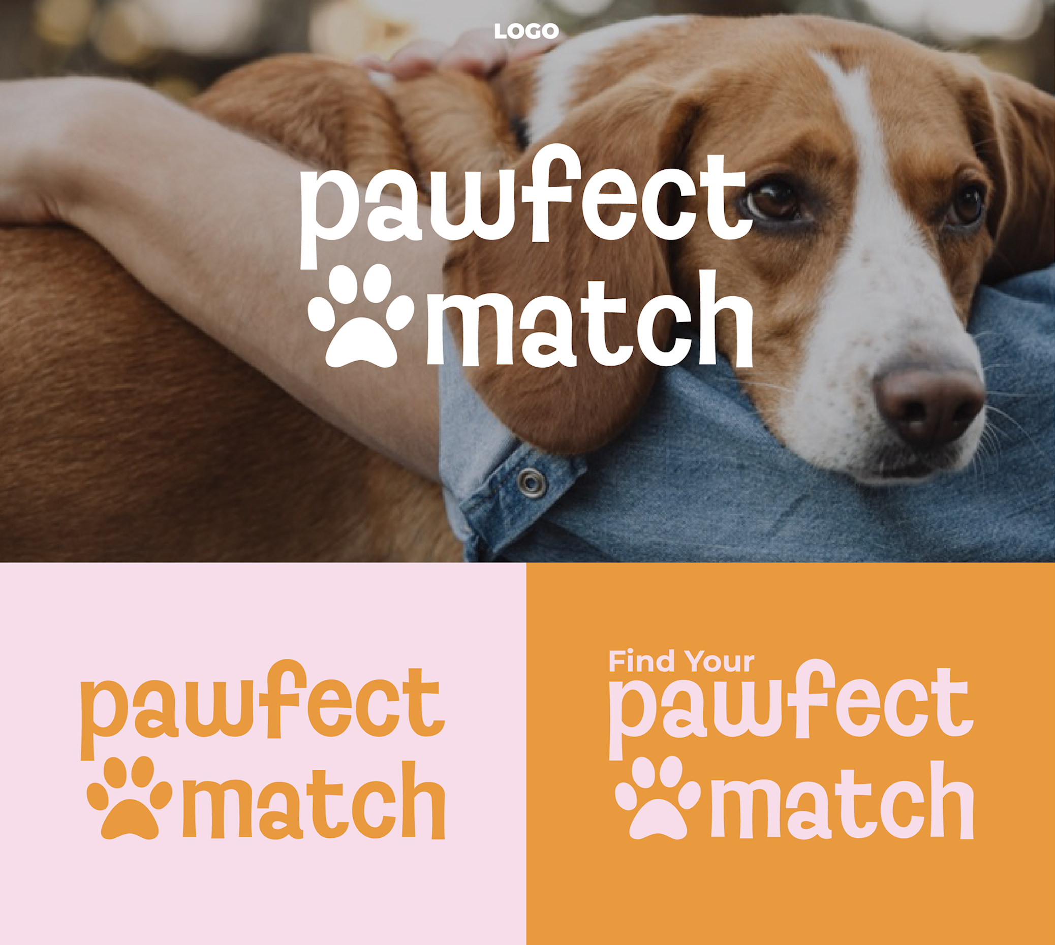 3 Logo variations: White over photograph of dog, Pink over orange, orange over pink