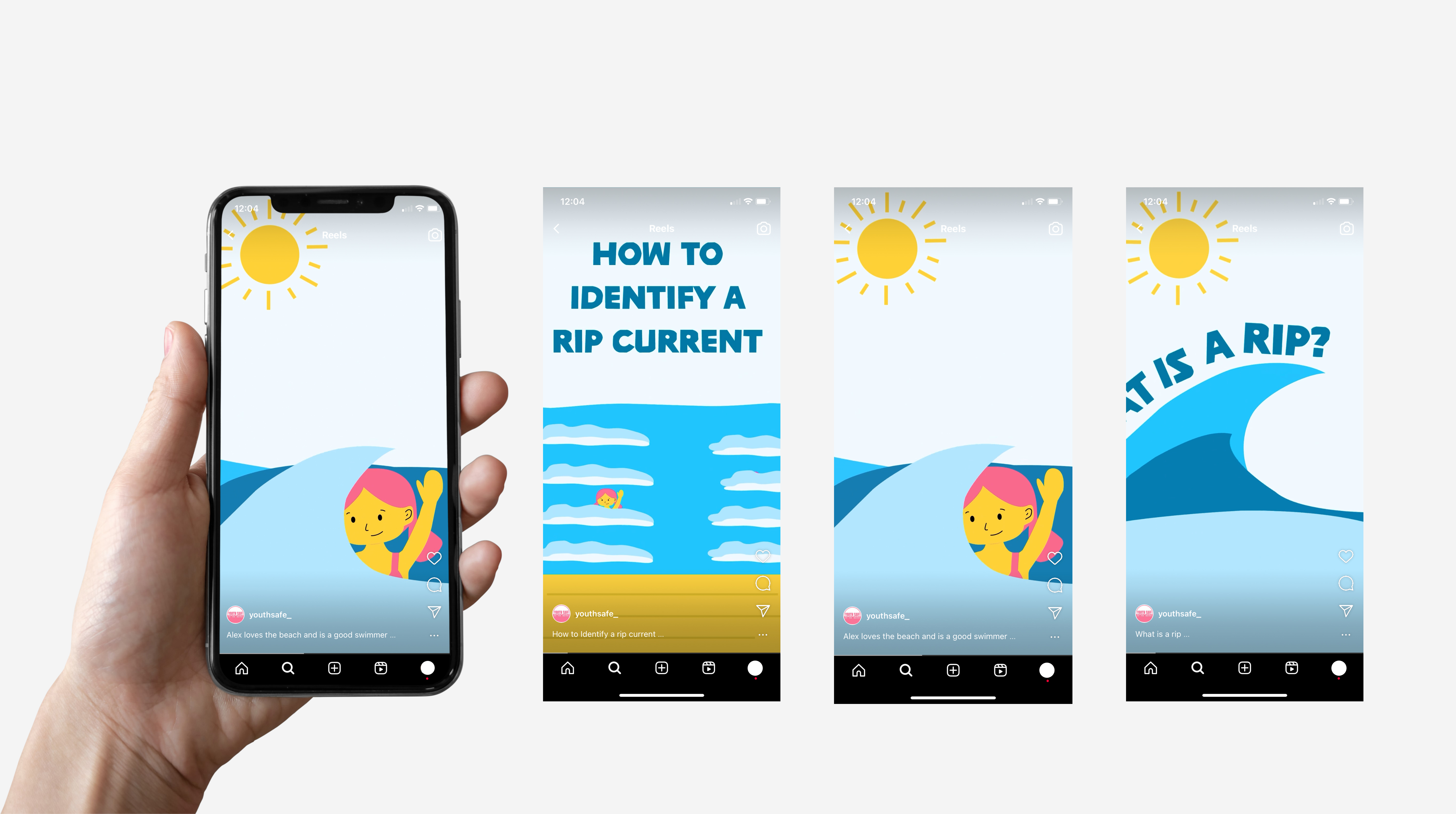 Hand holding phone and 4 mock images of reels