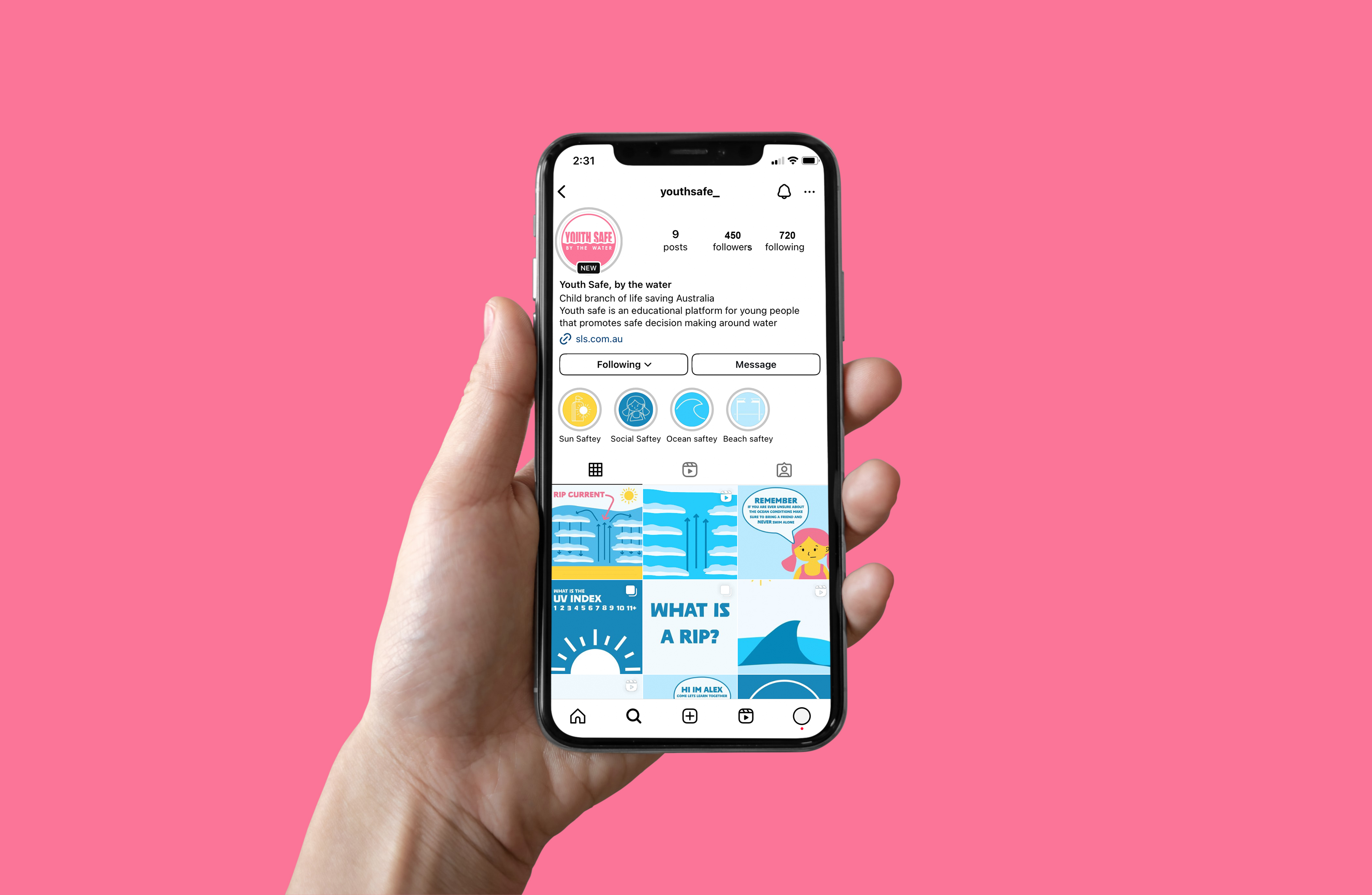 Hand holding phone of Youth Safe instagram page