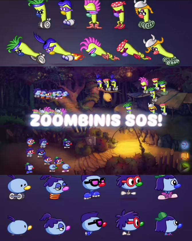 Collage of Zoombinis and green creatures in various outfits with “Zoombinis SOS!” text in the center.
