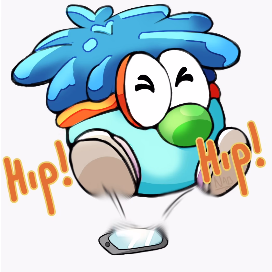 Cartoon Zoombini with blue hair bouncing on a smartphone with “Hip! Hip!” text.