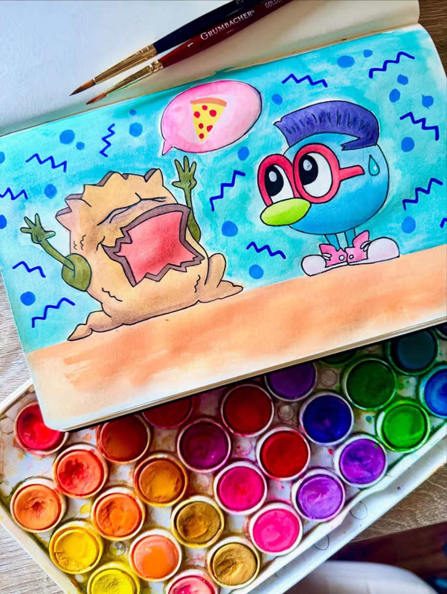 Colorful watercolor painting of a Zoombini facing a yelling monster asking for pizza, with paint palette nearby.