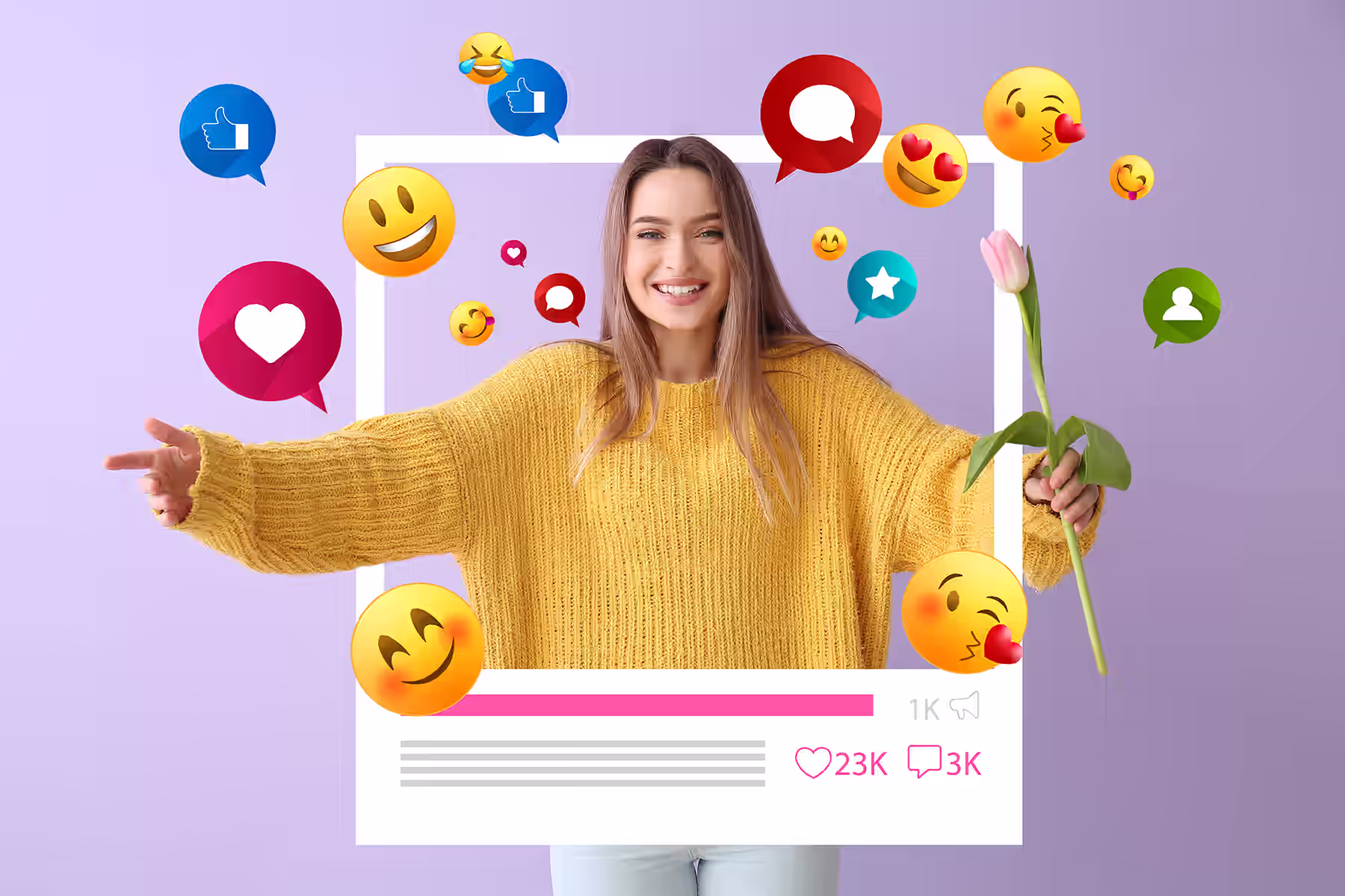 Smiling woman in yellow sweater holding a tulip, surrounded by social media emojis and icons.