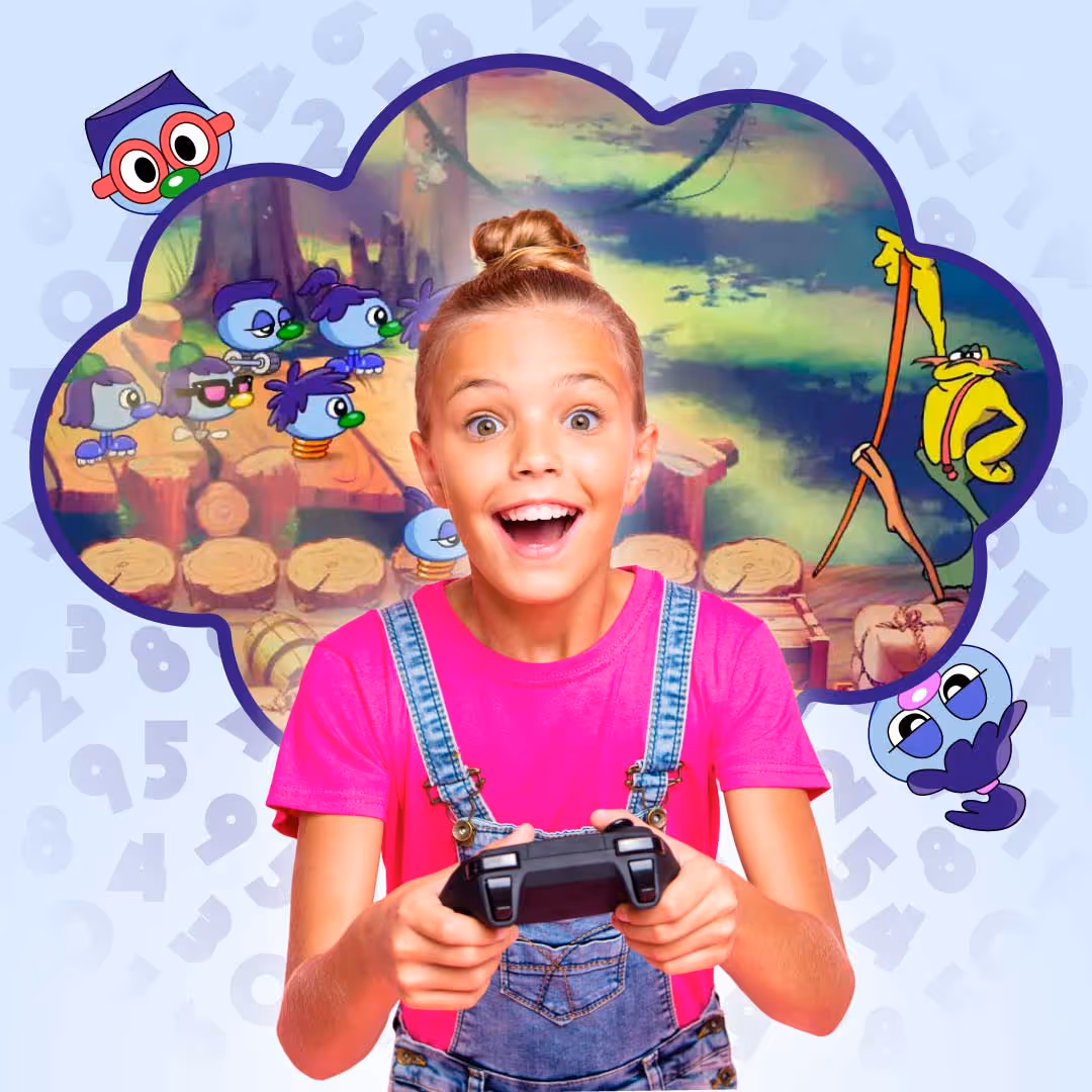 Excited girl holding controller imagining Zoombinis crossing a bridge in a thought bubble.