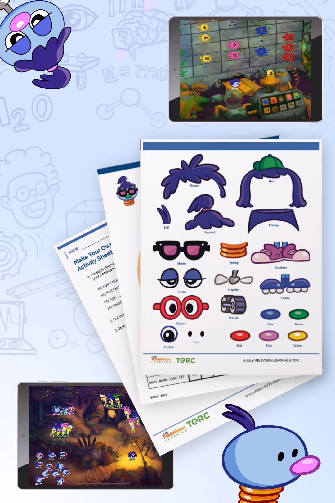 Zoombinis activity sheets with character parts, surrounded by game scenes on tablets and playful characters.