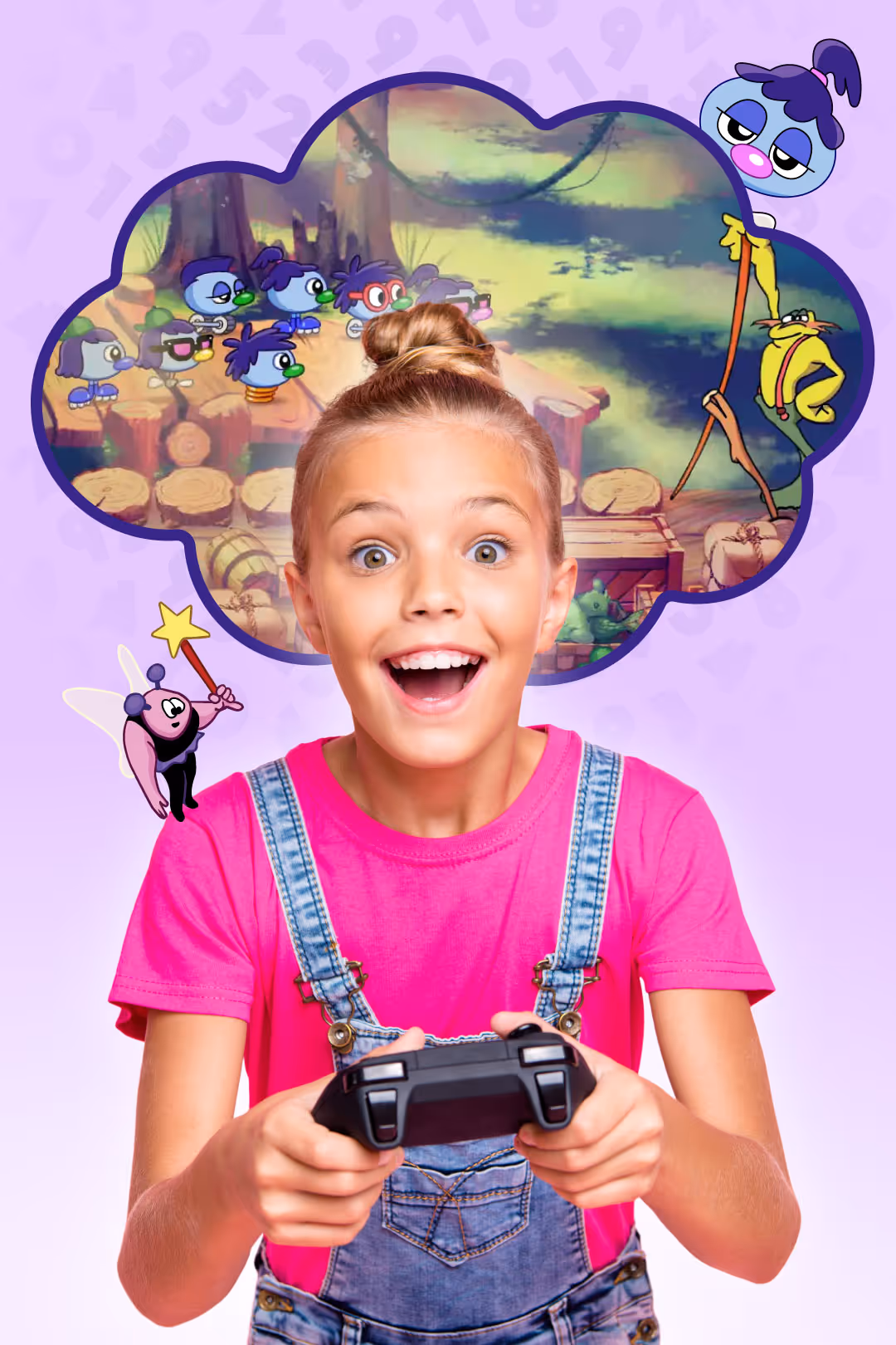 Girl holding game controller with excited expression, imagining colorful Zoombinis crossing a bridge.