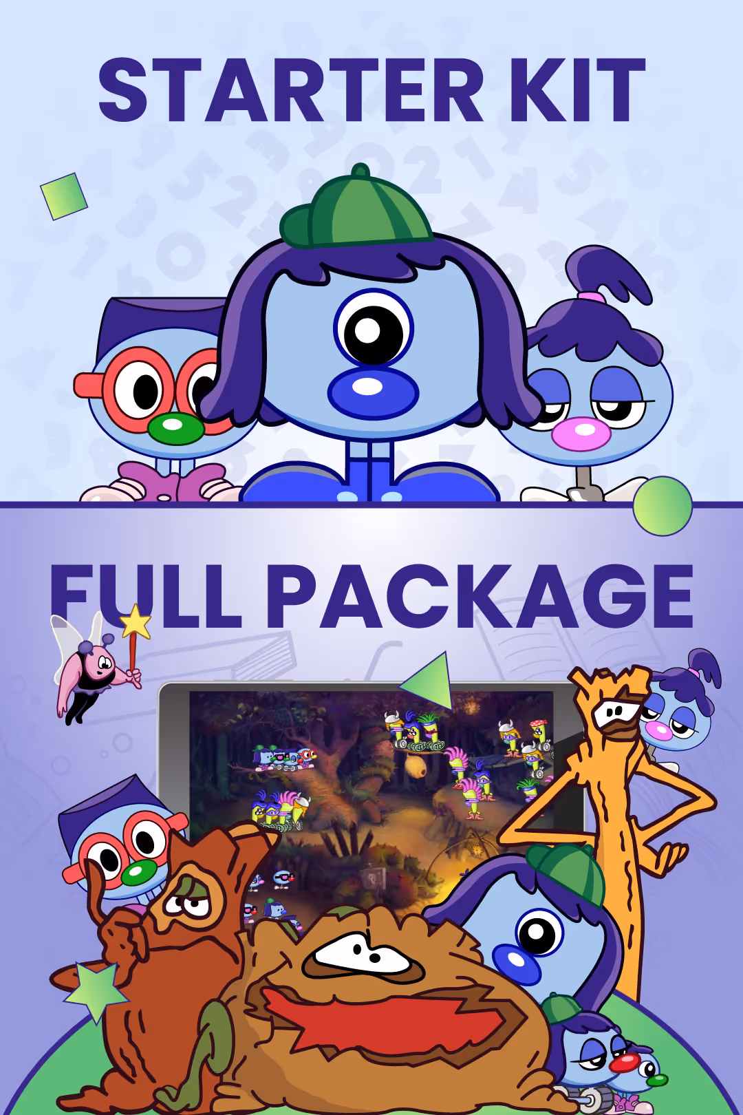 Starter Kit and Full Package Zoombinis characters with game scene on tablet in purple background.