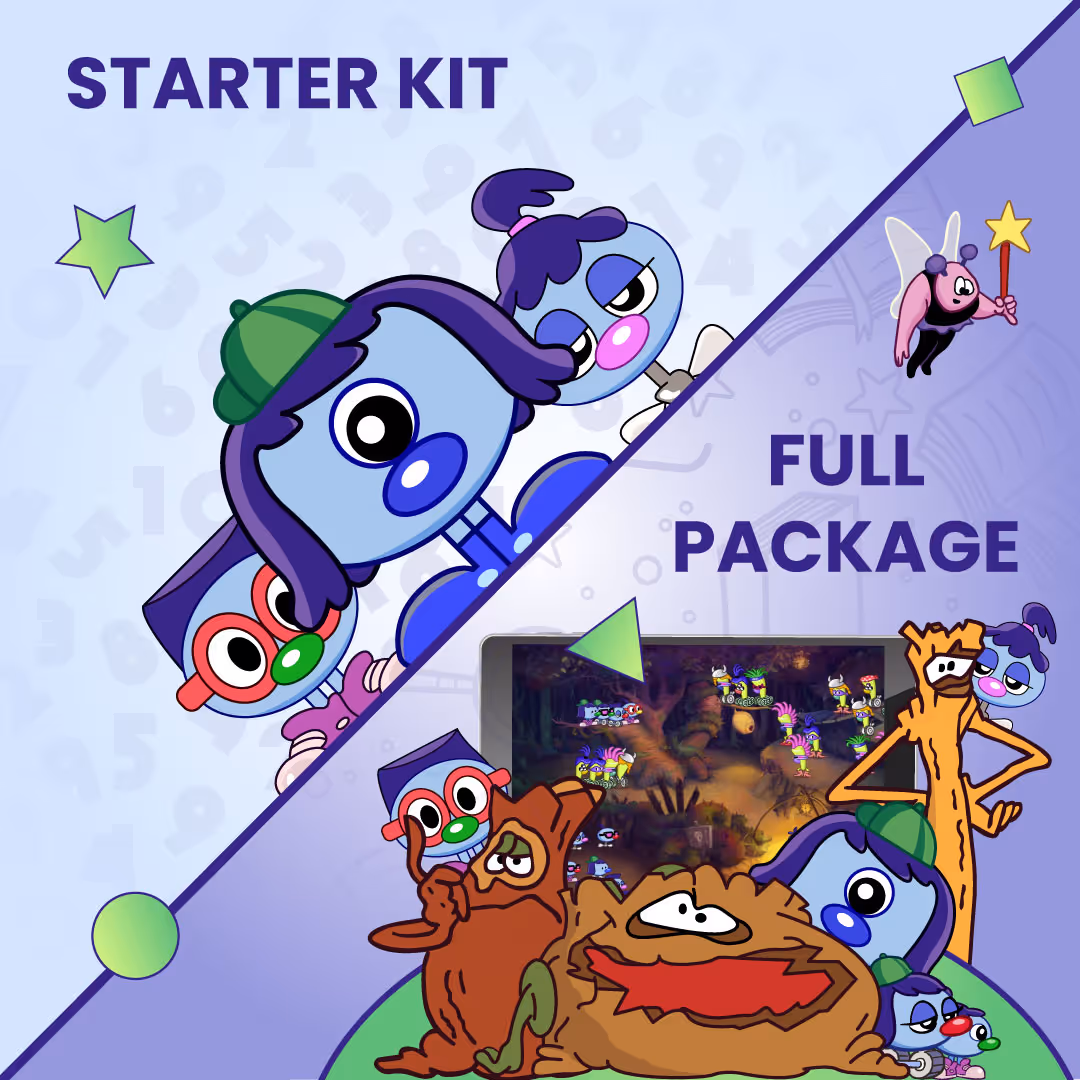Starter Kit and Full Package Zoombinis characters with game scene on tablet in purple background.