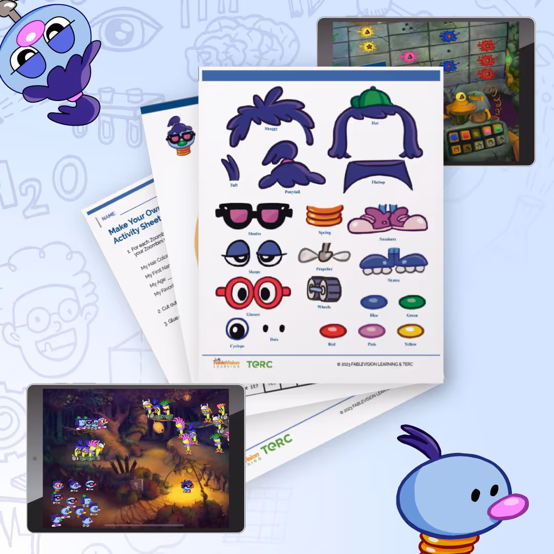 Zoombinis activity sheets with character parts, surrounded by game scenes on tablets and playful characters.