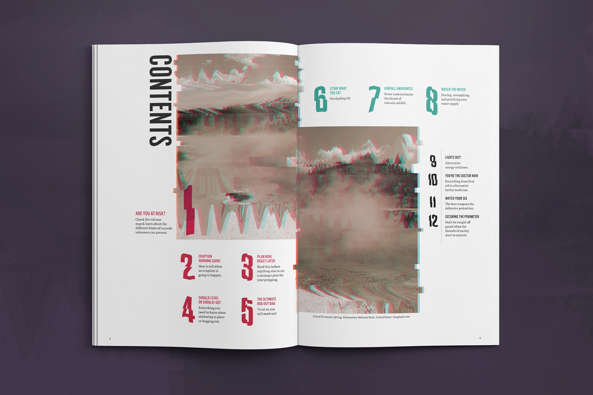 Outlast magazine table of contents spread. 