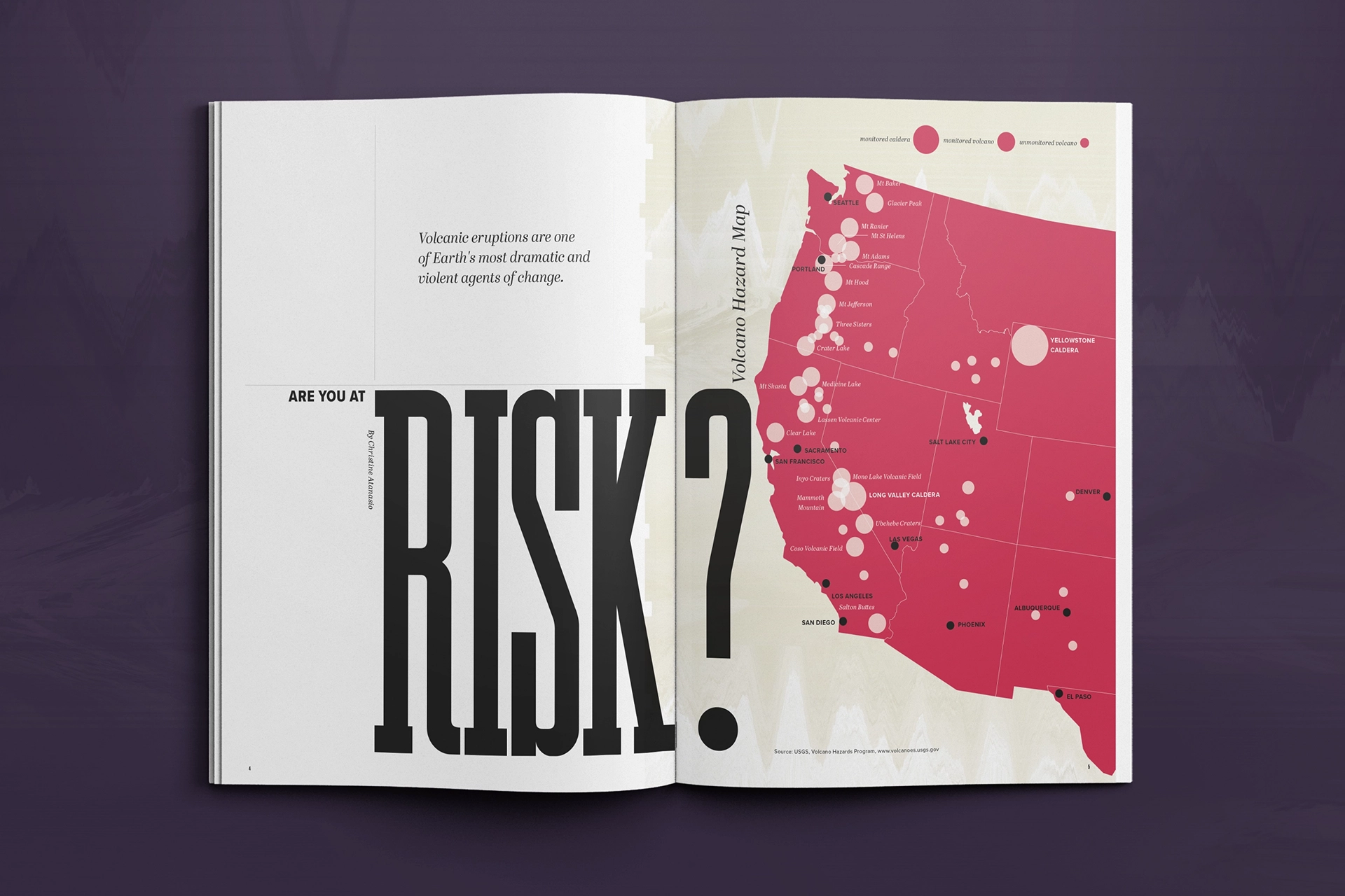 Outlast magazine article spread on Volcanic eruptions with the title “Are you at Risk?’ Infographic displays a map of the US and all known volcanoes sized according to monitoring level. 