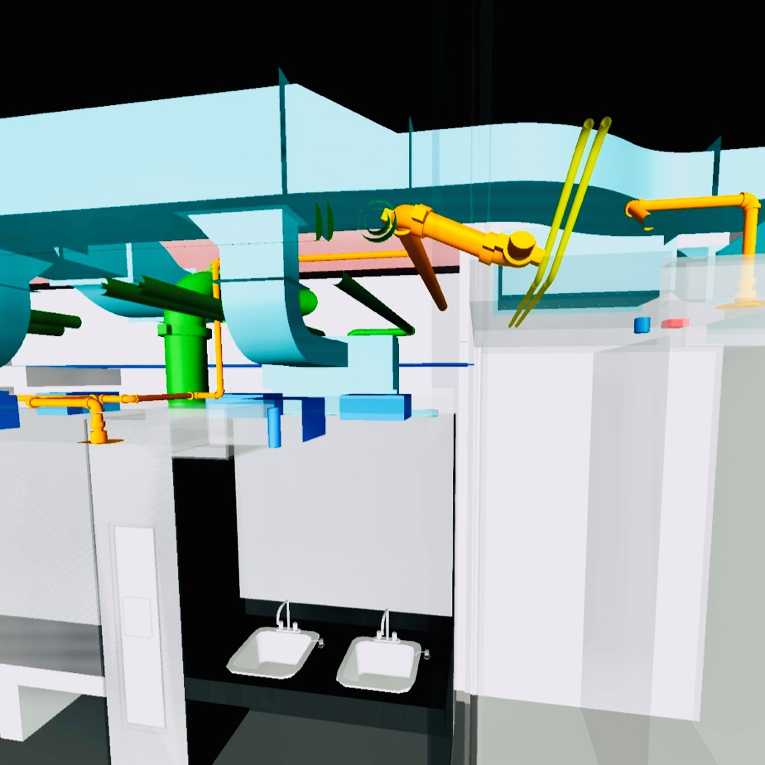 3D model rendering of a bathroom area with two white sinks and overhead colorful ventilation and piping systems.