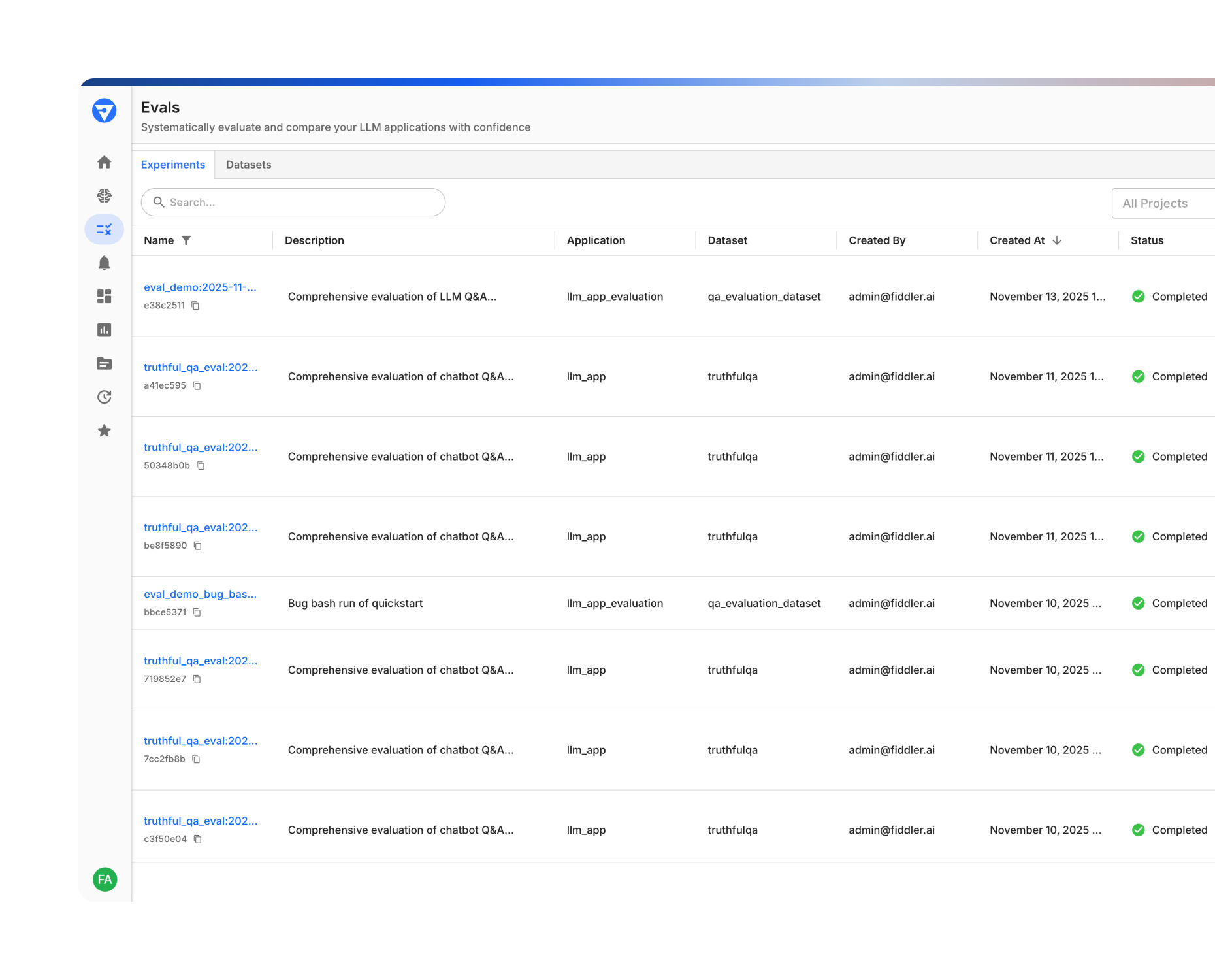 Fiddler experiment comparison table showing side-by-side evaluation of model responses on the Truthful QA dataset with toxicity probability metrics for baseline and comparison runs.