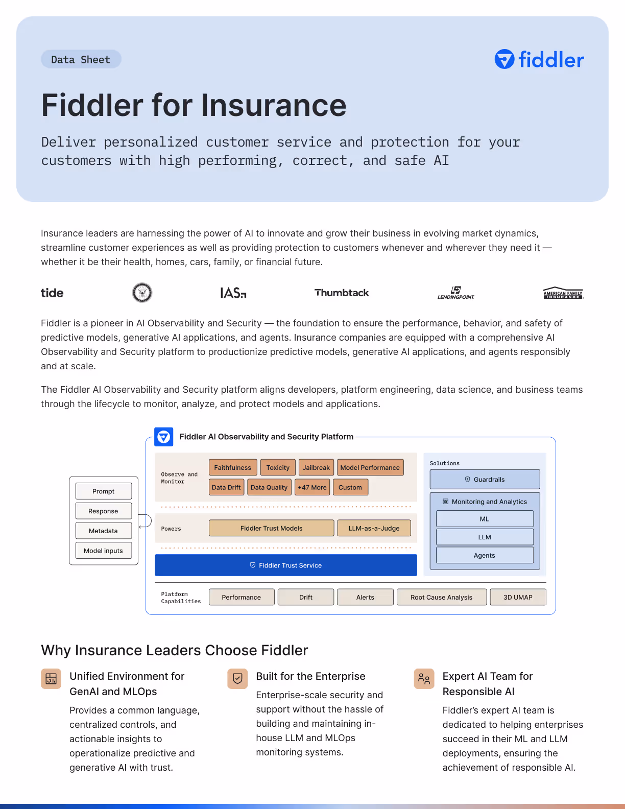 Preview cover image of data sheet titled Fiddler for Insurance with overview of AI observability and security platform features, client logos, and reasons insurance leaders choose Fiddler for AI-driven customer service and protection.