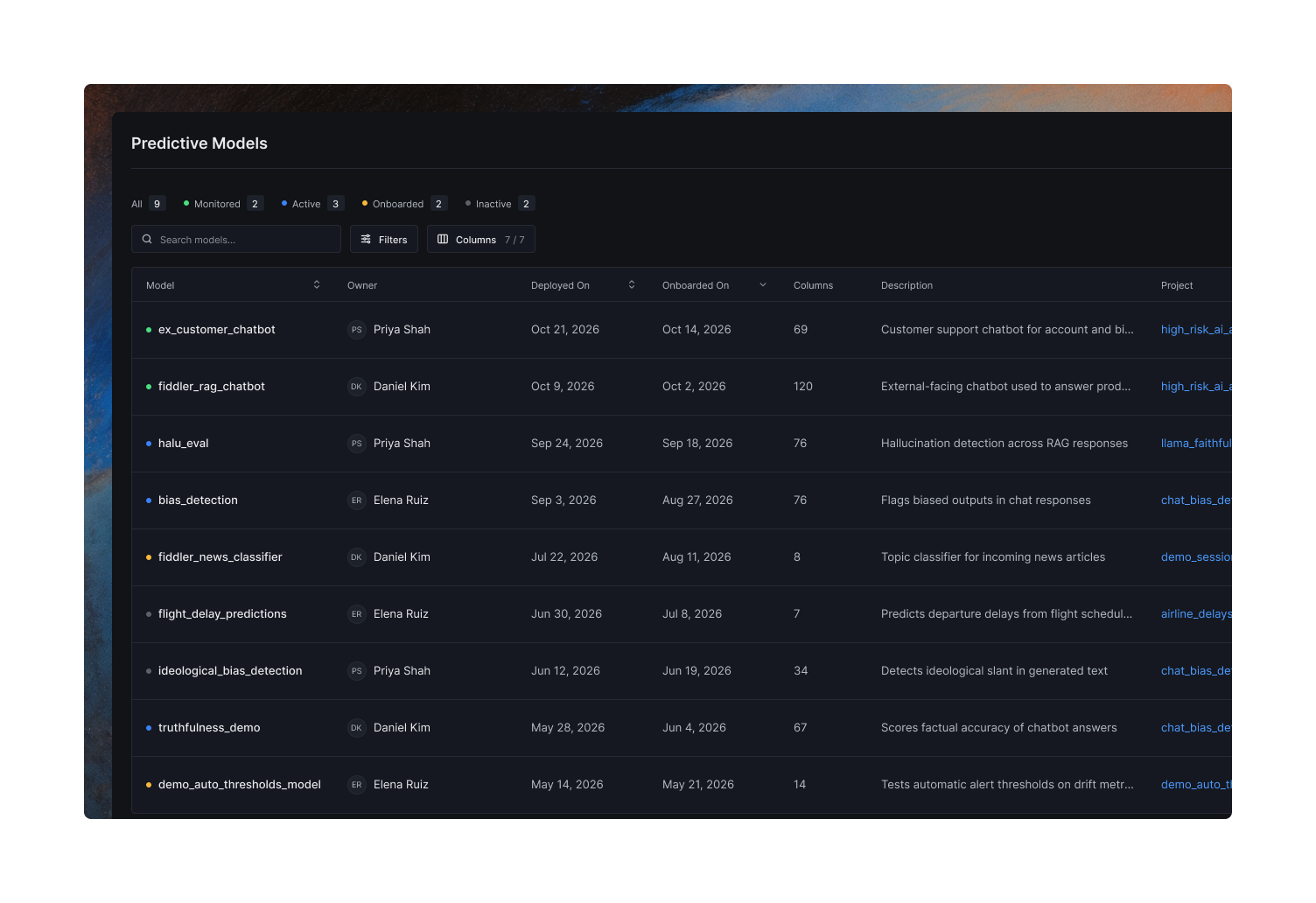 Fiddler predictive models inventory listing each model's status, owner, deploy and onboard dates, description, and project for governance tracking