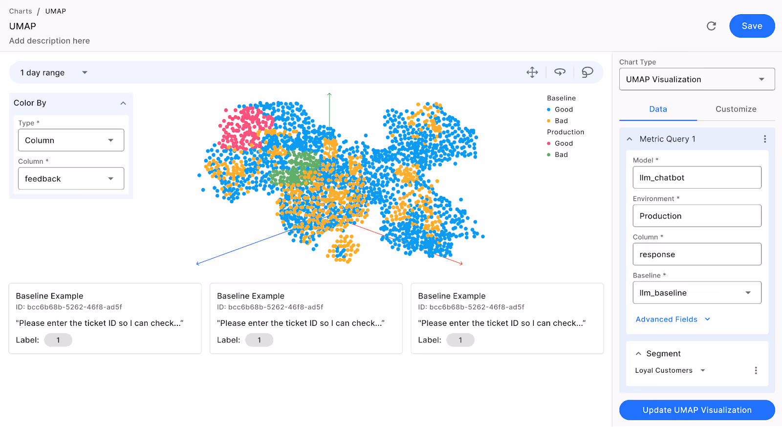 Analyze unstructured data on the 3D UMAP to identify data patterns and problematic prompts and responses