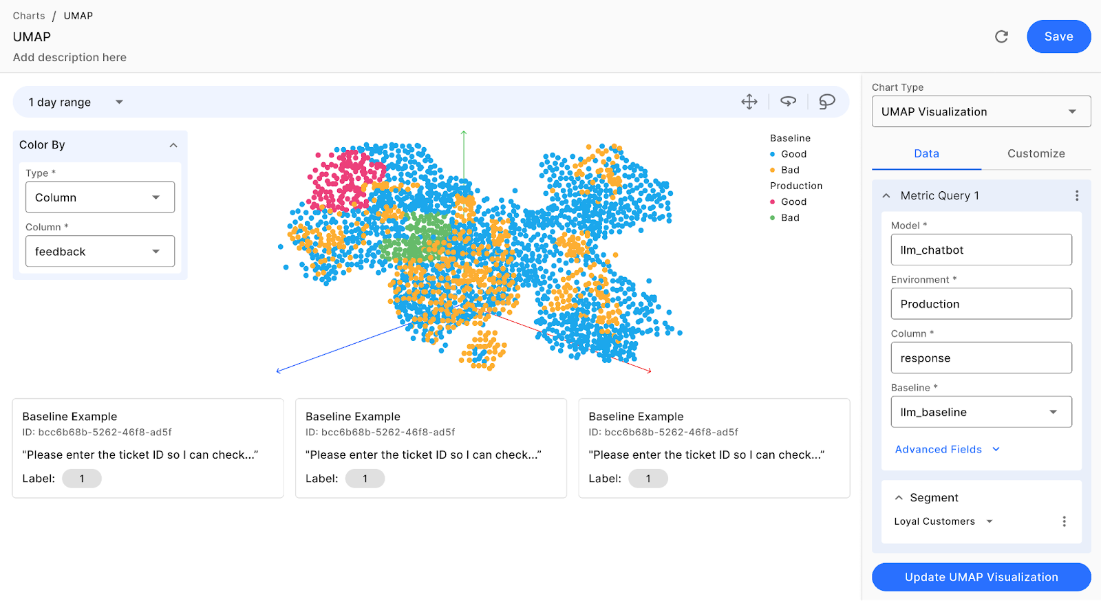 Analyze unstructured data on the 3D UMAP to identify data patterns and problematic prompts and responses