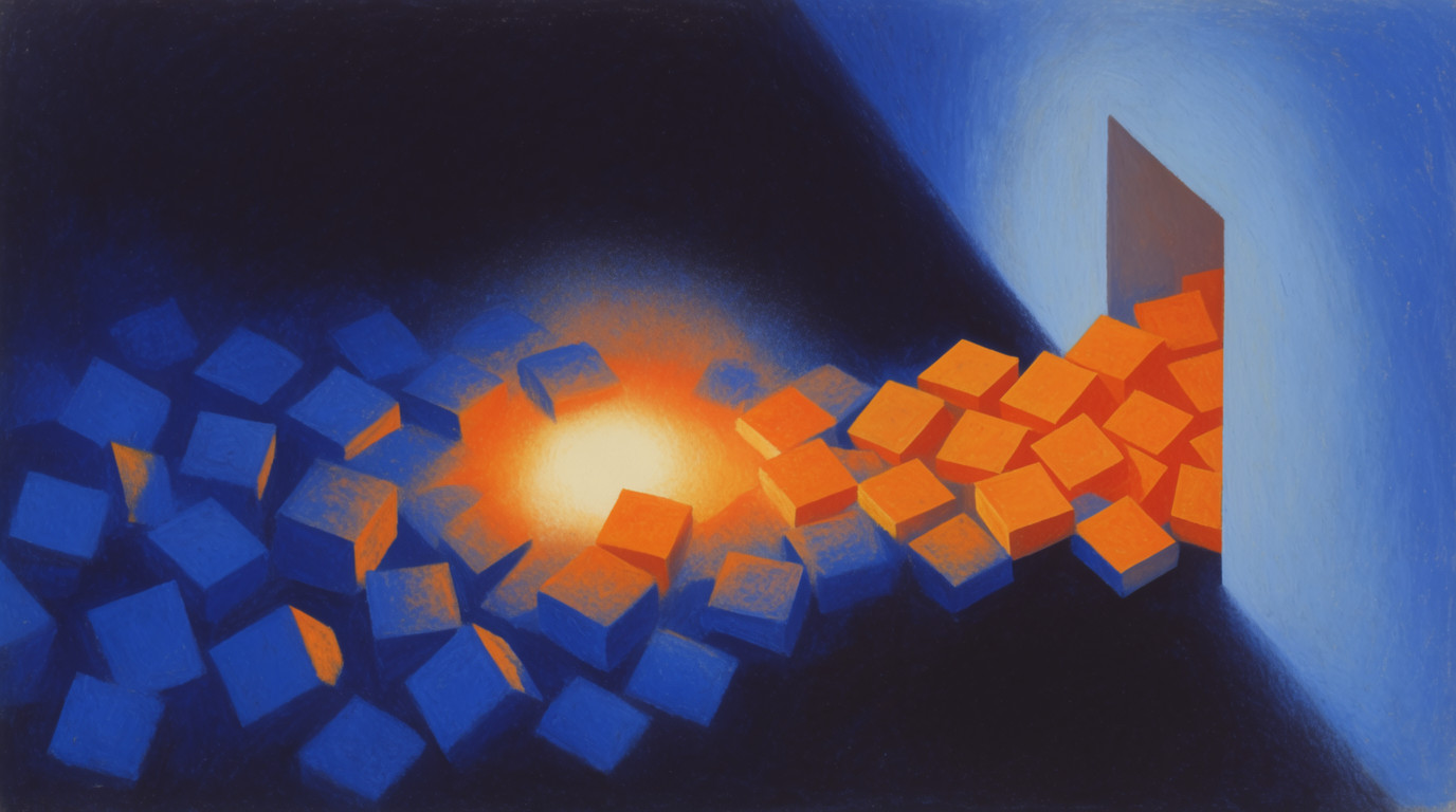 Surreal painting of scattered cubes burst from wall