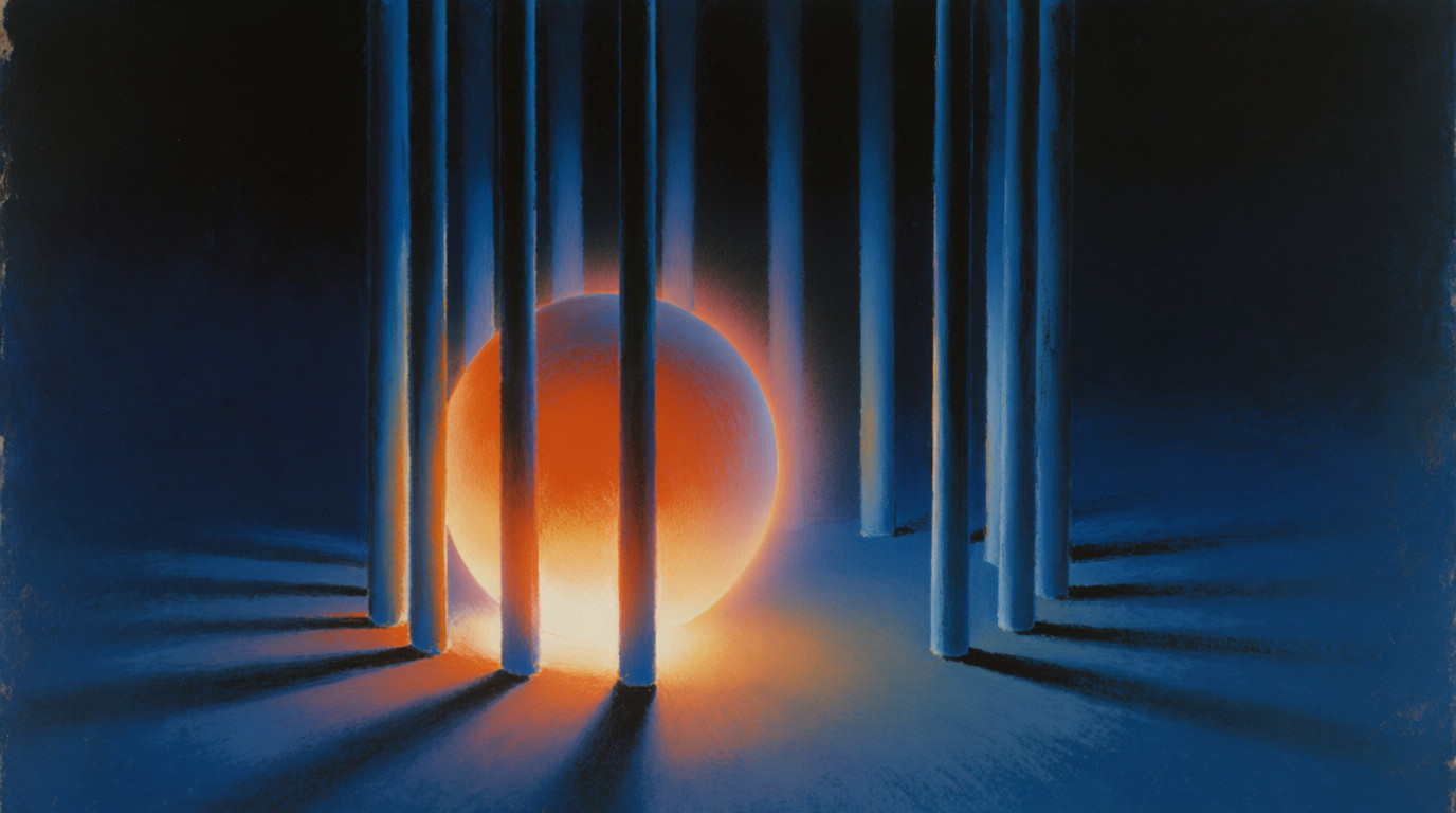 Surreal painting of orb inside cobalt bar cage