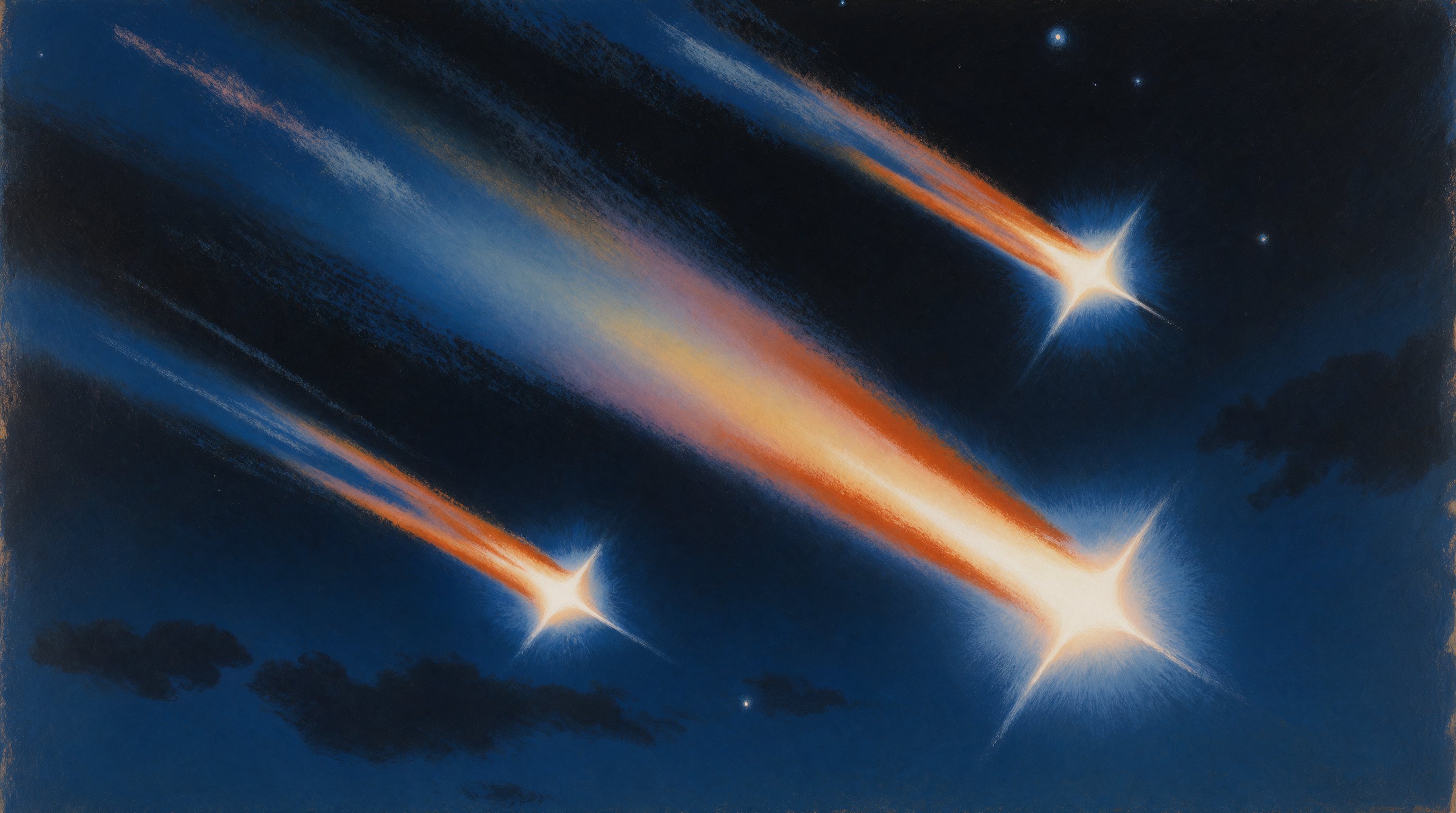 Surreal painting of three comets streaking across sky