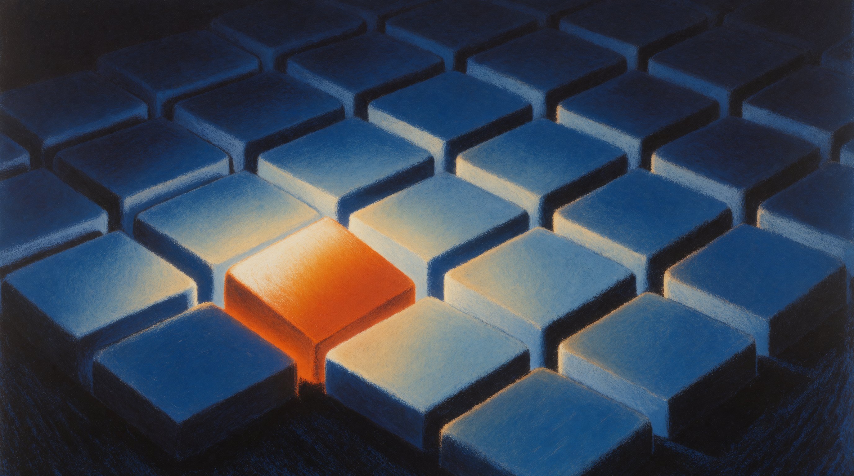 Surreal painting of tile grid with one orange tile