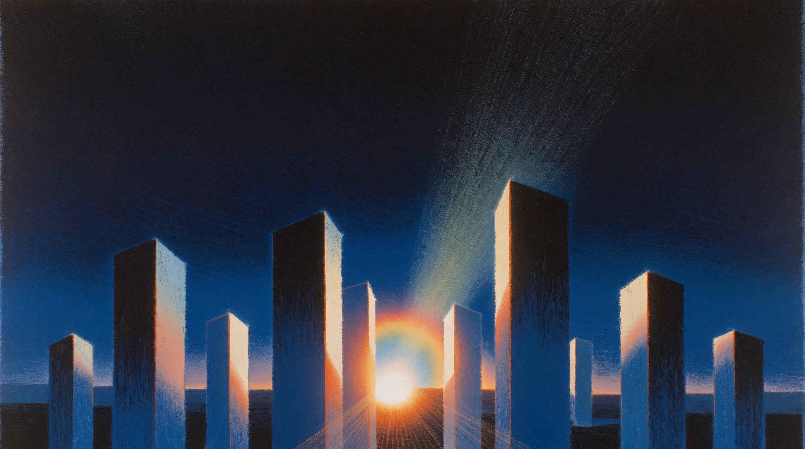 Surreal painting of monolith skyline with low sun