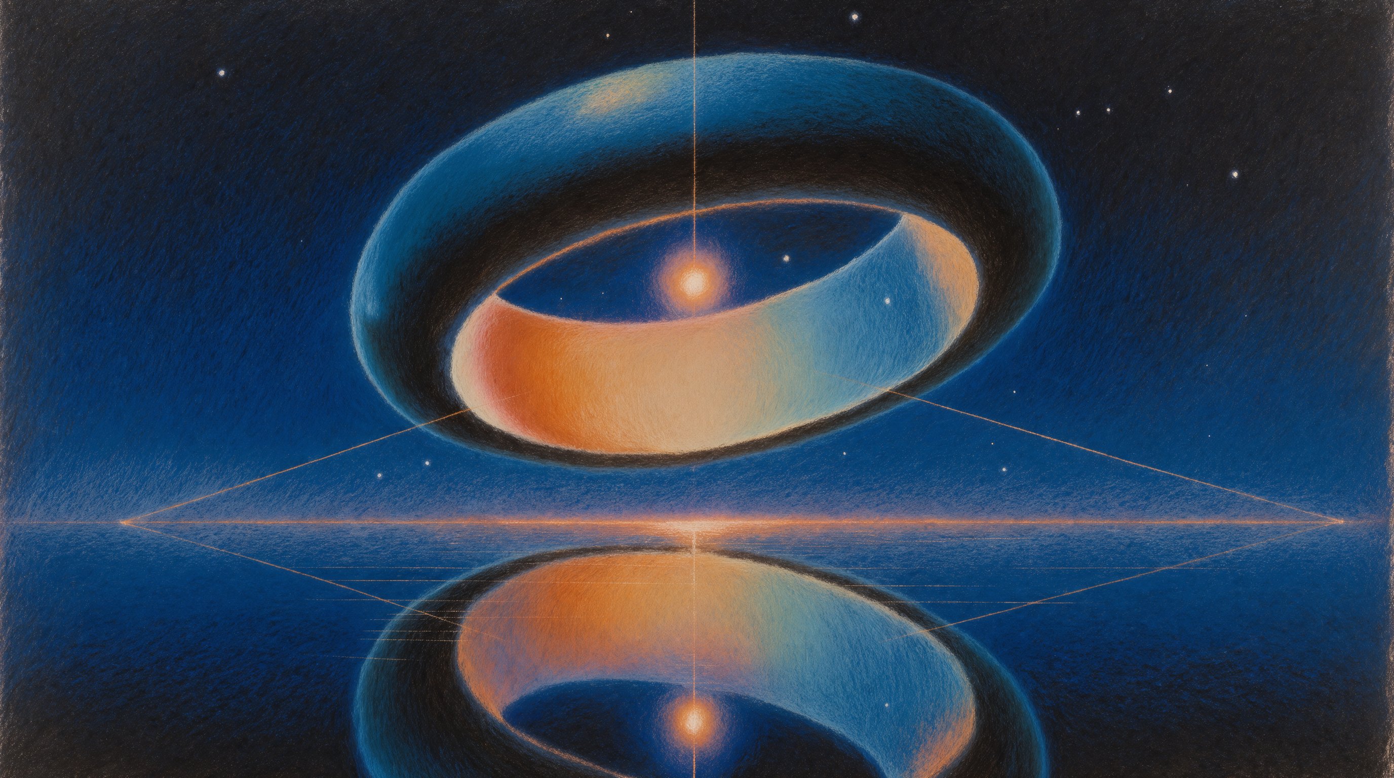 Surreal painting of tilted torus reflected on water