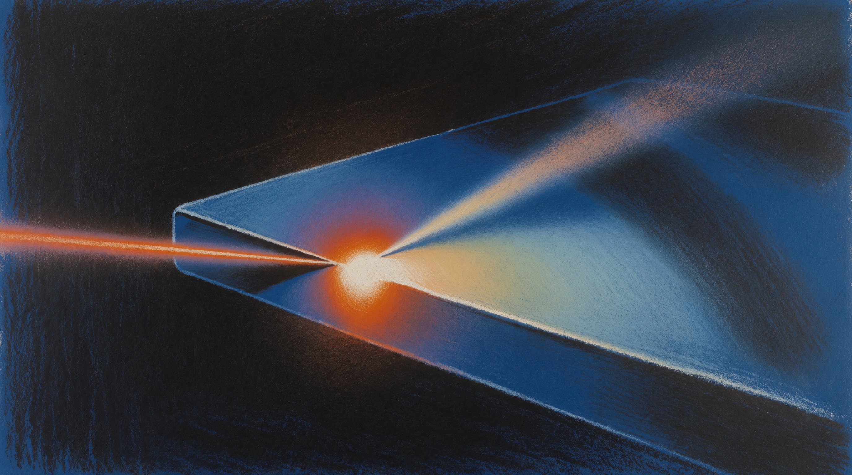 Surreal painting of light beam through tilted prism plane