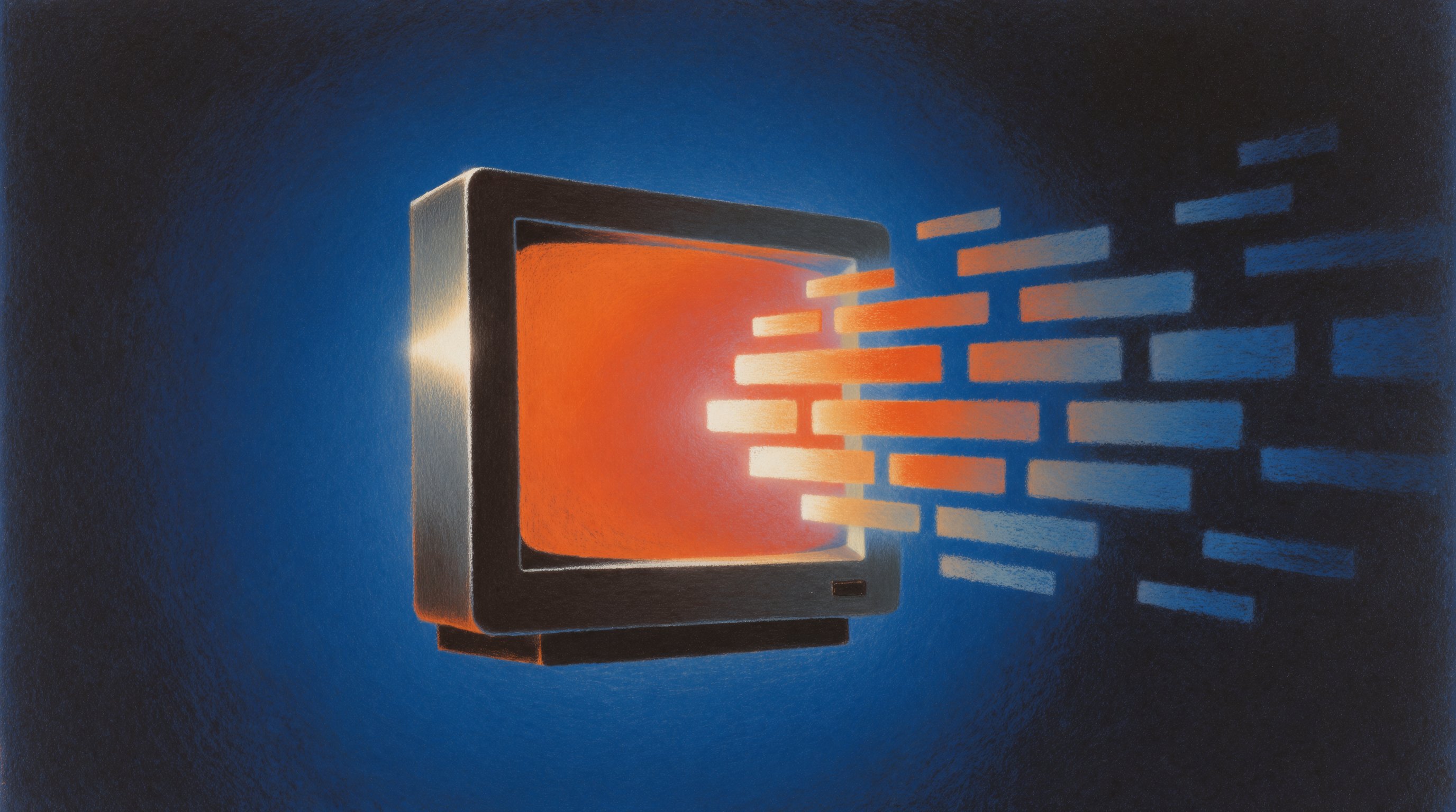 Surreal painting of crt monitor streaming orange bars