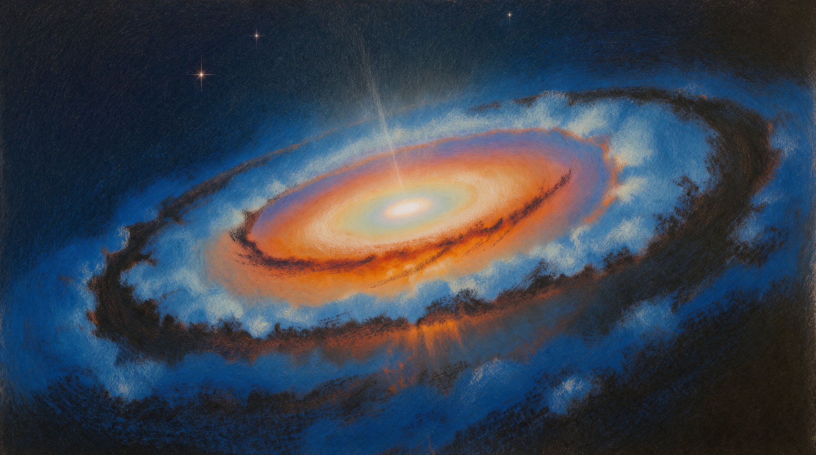 Surreal painting of tilted spiral galaxy glowing core