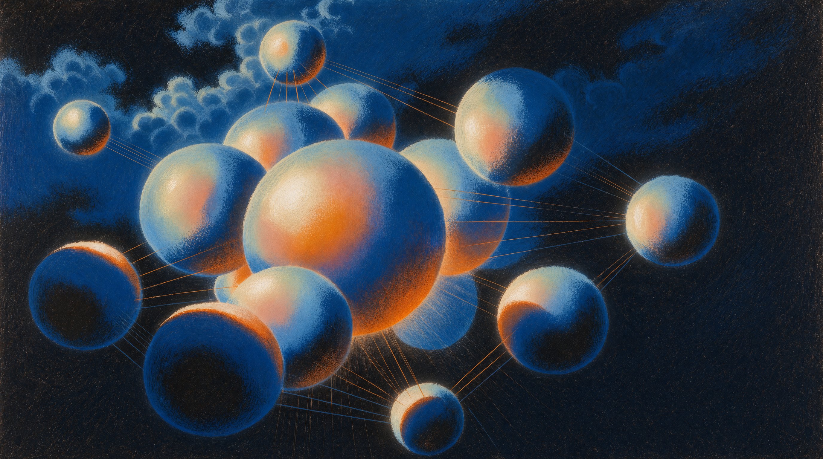 Surreal painting of floating spheres cluster in clouds