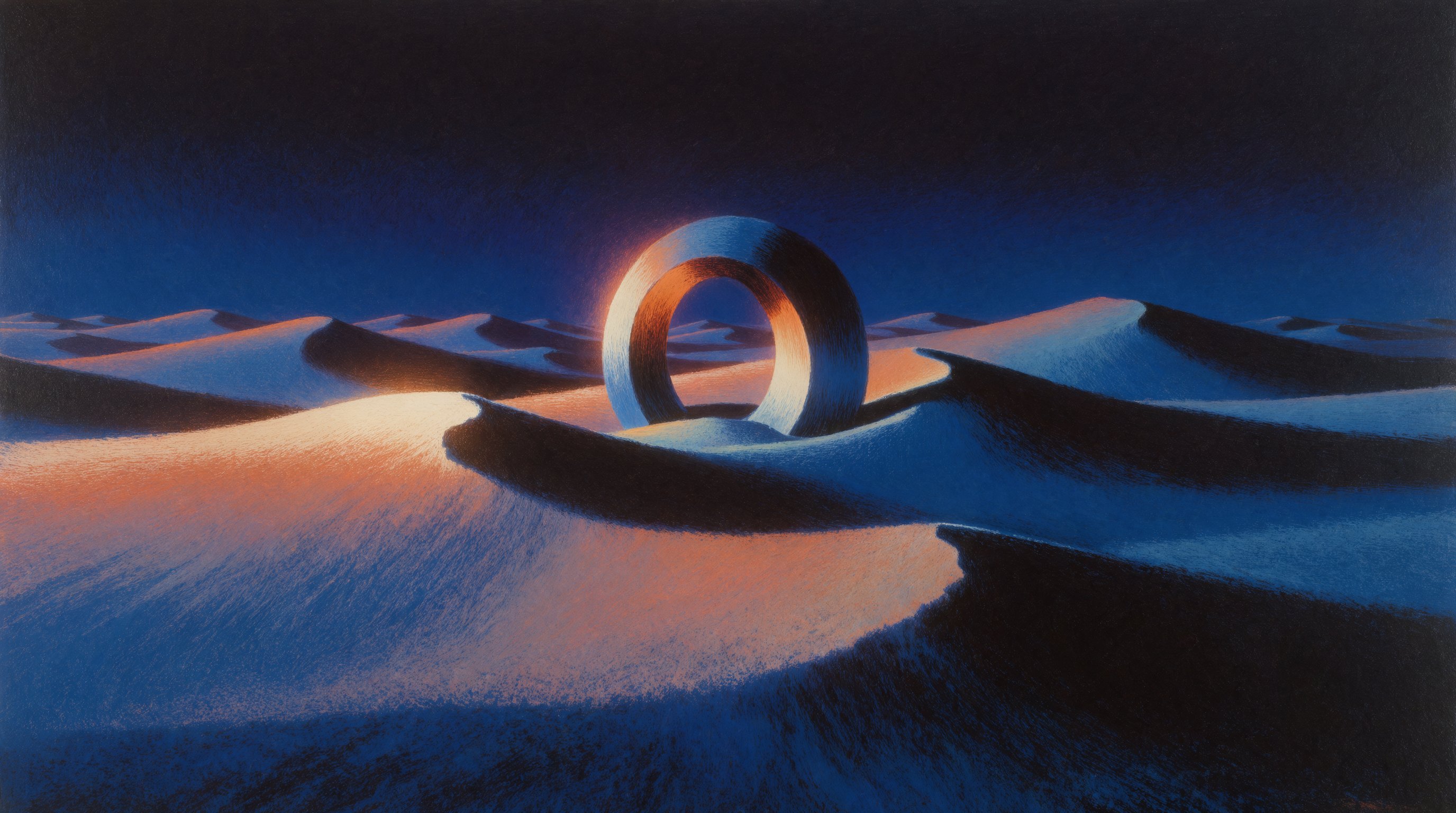Surreal painting of standing ring on cobalt dunes