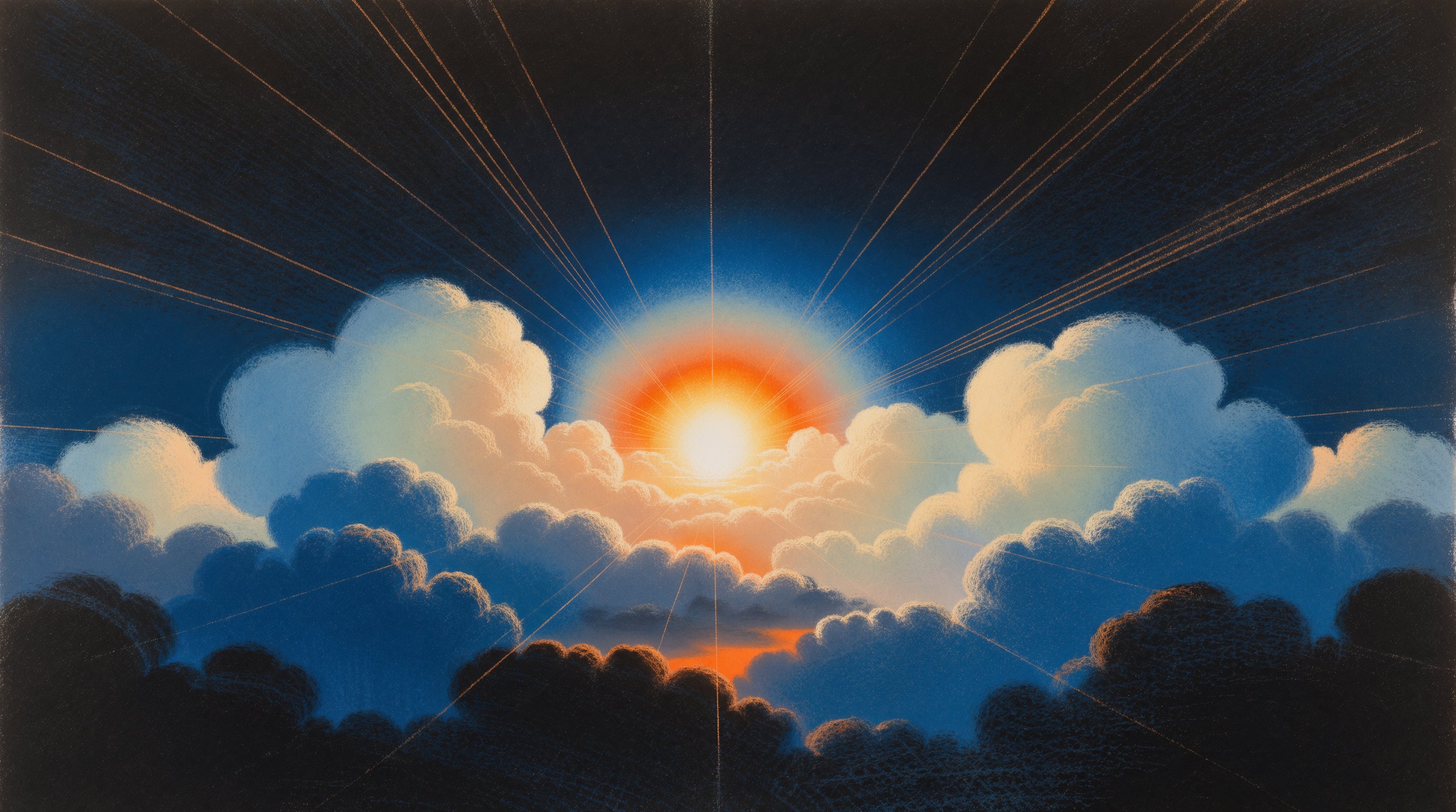 Surreal painting of sun rising over cloud bank