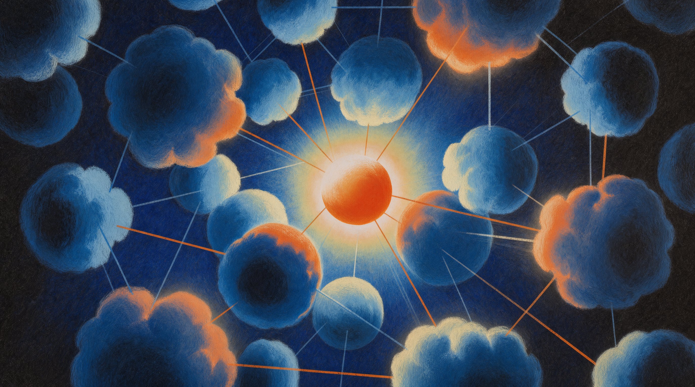Surreal painting of network of cloud nodes glowing center
