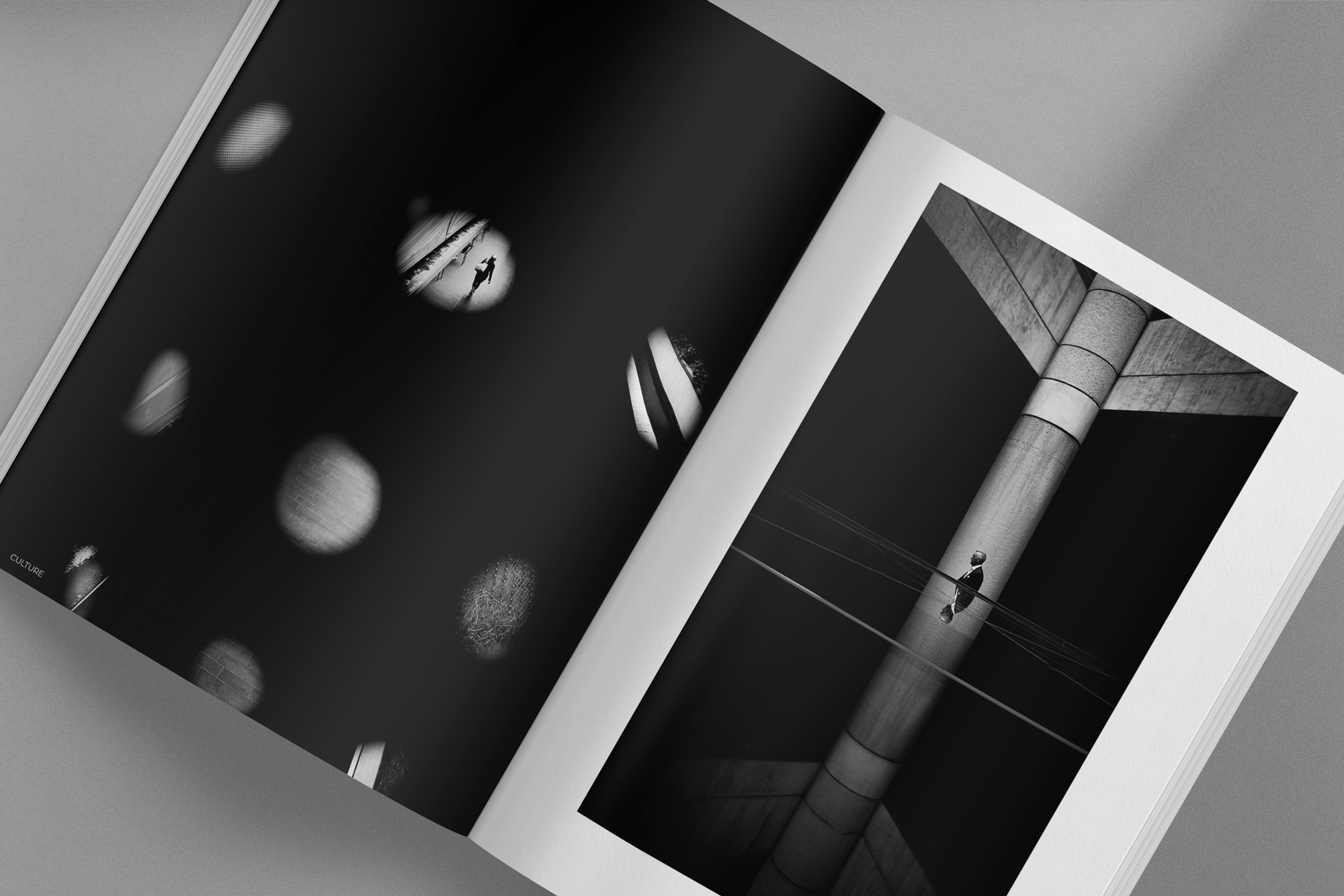 Open spread of No Chaser Magazine featuring black-and-white editorial photography and bold minimalist layouts, with the title “No Chaser Magazine – Editorial Design for a Men’s Magazine” overlayed in white text.