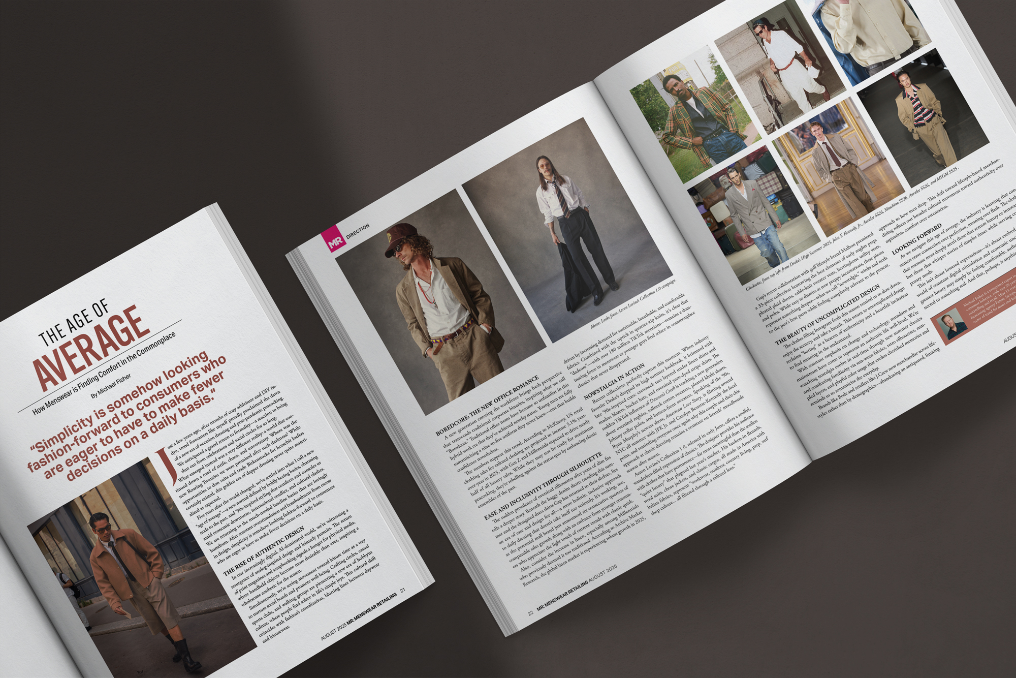 Open spread of MR Magazine showcasing editorial layouts featuring menswear photography, fashion commentary, and trend analysis, with the overlay text “MR Magazine – Editorial Design for a Leading Menswear Publication.”