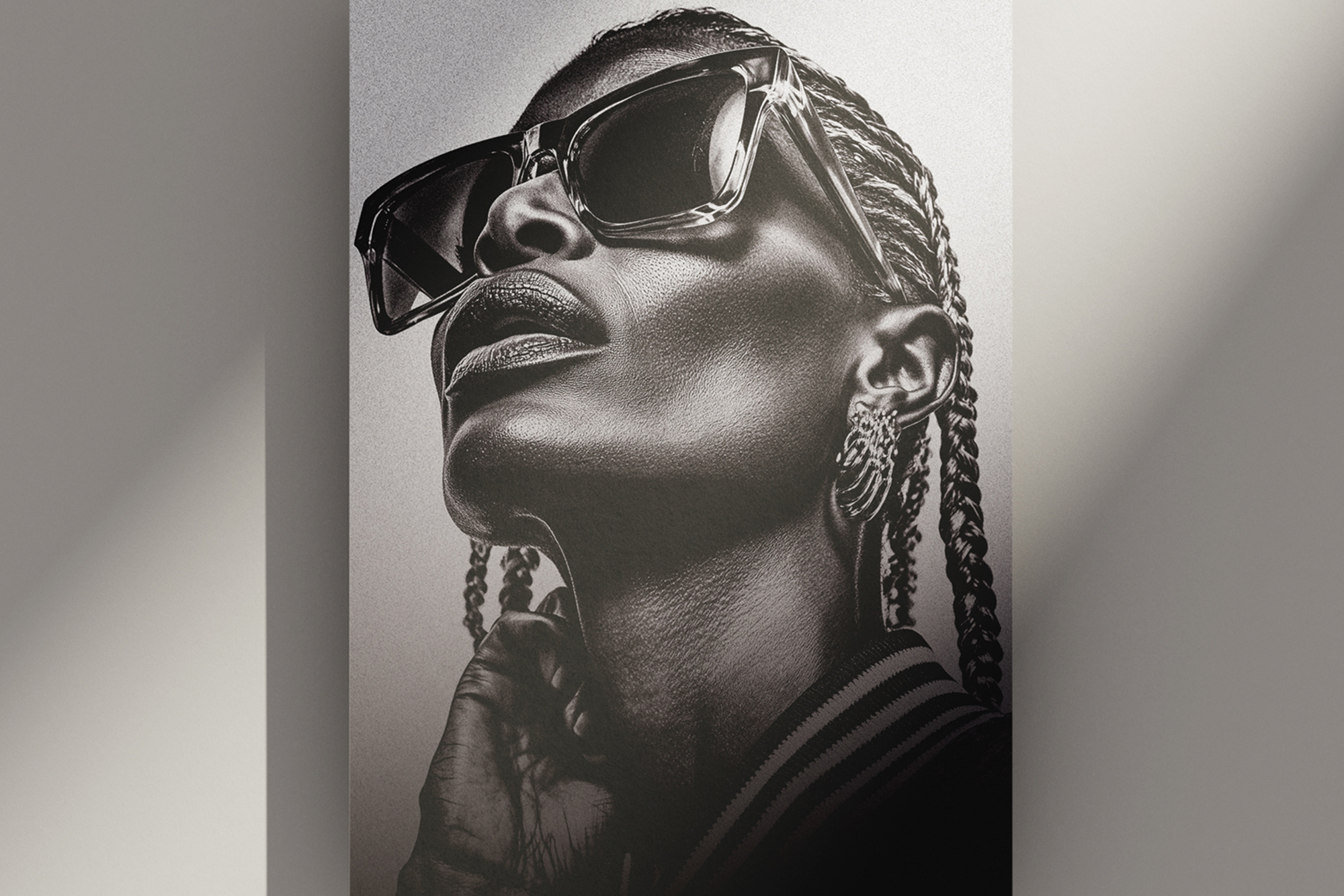 Close-up black and white portrait of a woman wearing oversized sunglasses, used as a bold visual for Kokes Design Studio. Overlay text reads “Kokes Design Studio – Independent Studio Blending Design and Strategy.”