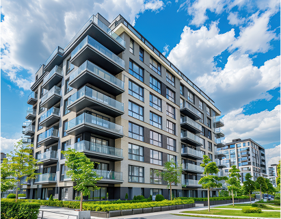 Modern multi-story apartment buildings with balconies, surrounded by green trees and shrubbery under a partly cloudy blue sky.