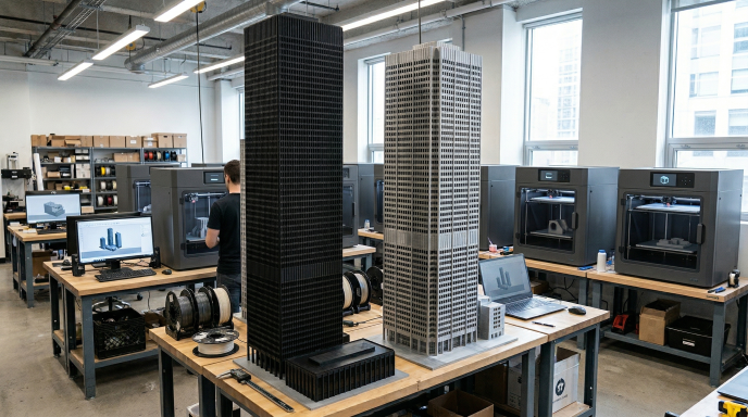 Row of 3D printers at HexCode Manufacturing facility