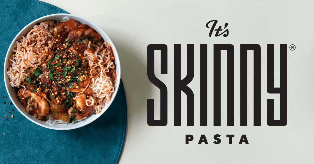It’s Skinny Pasta logo paired with styled bowl of gluten-free noodles and toppings, designed by Studio Wisdom and Tommy Wisdom.