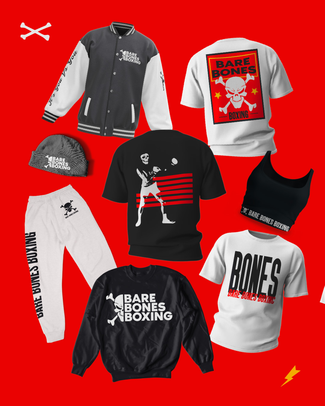 Bare Bones Boxing branded merchandise including apparel and accessories designed by Studio Wisdom
