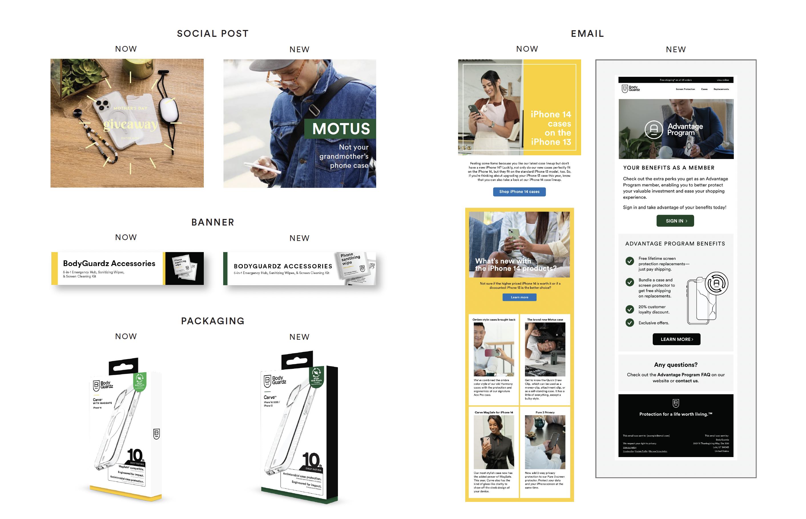 BodyGuardz marketing collateral including social media, banners, and packaging designed by Studio Wisdom