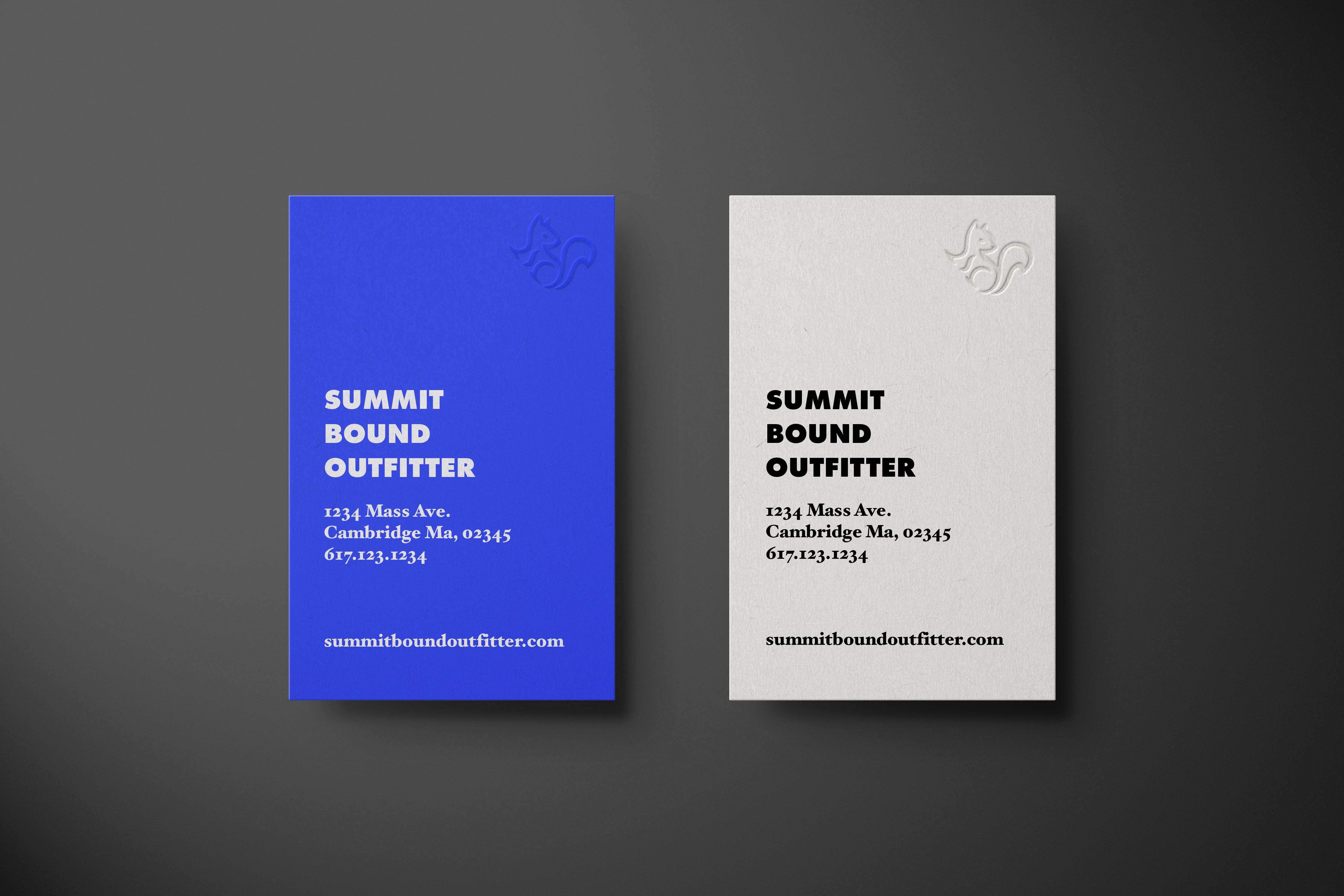 Branded business card design for Summit Bound Outfitter, created by Studio Wisdom branding and design agency.