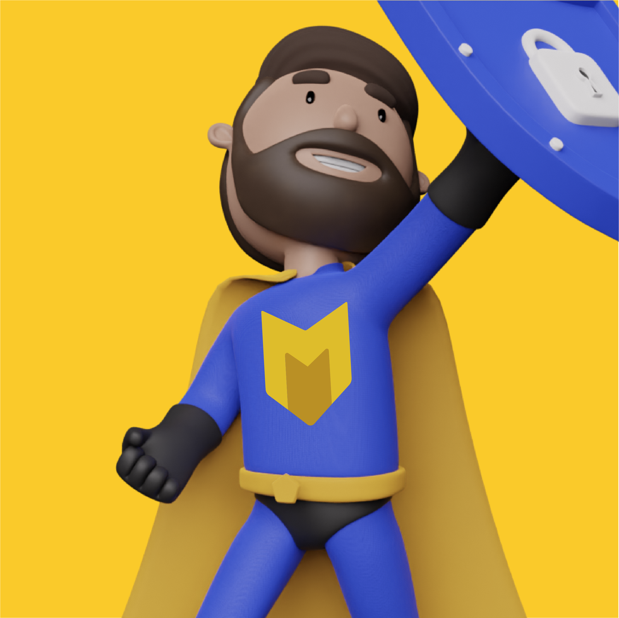 Close-up of SuperCISO brand mascot in superhero costume holding a cybersecurity shield, designed by Studio Wisdom