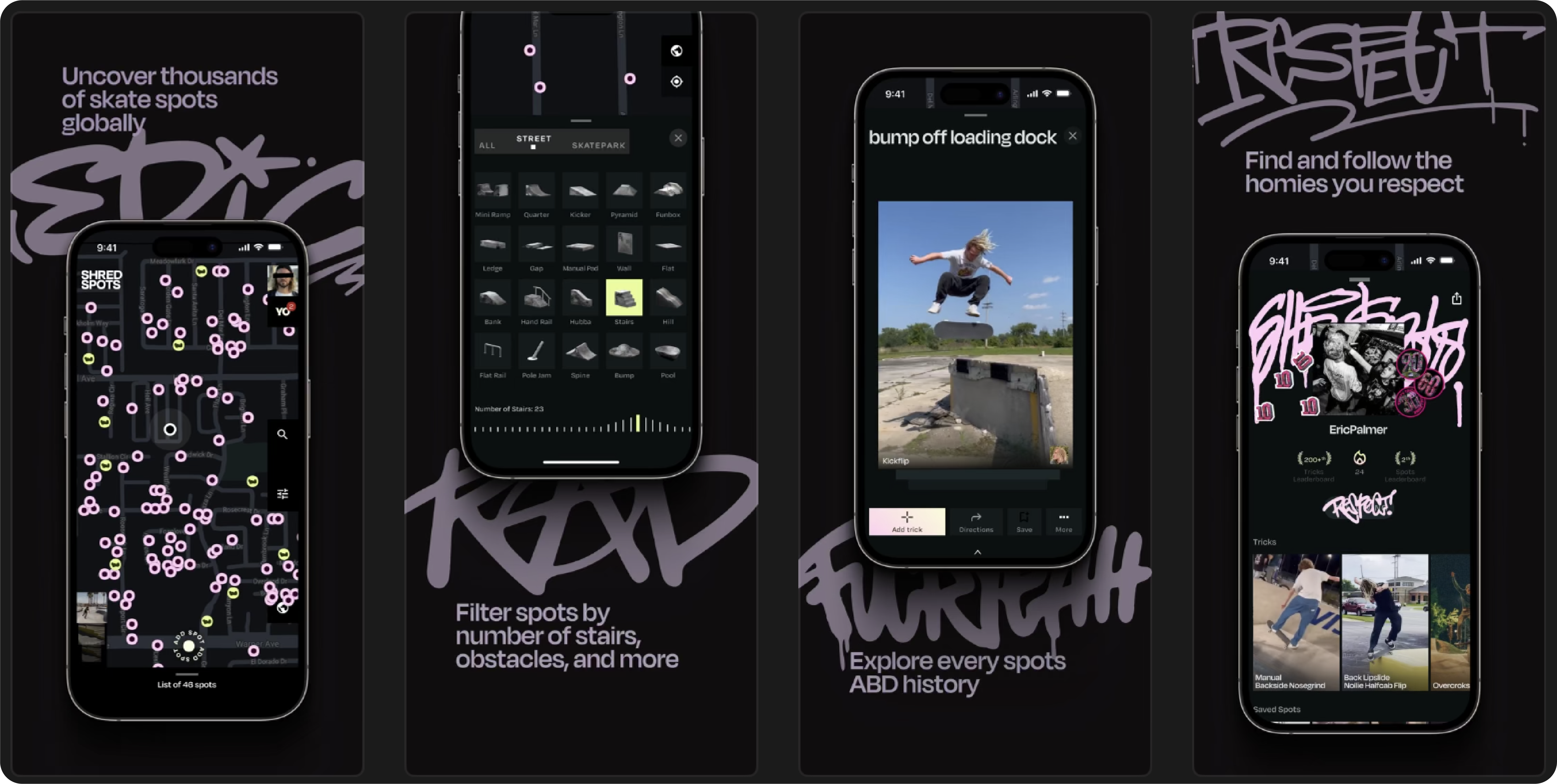 Skate spot map UI interfaces from the ShredSpots app, designed by Studio Wisdom to merge tech and skate culture