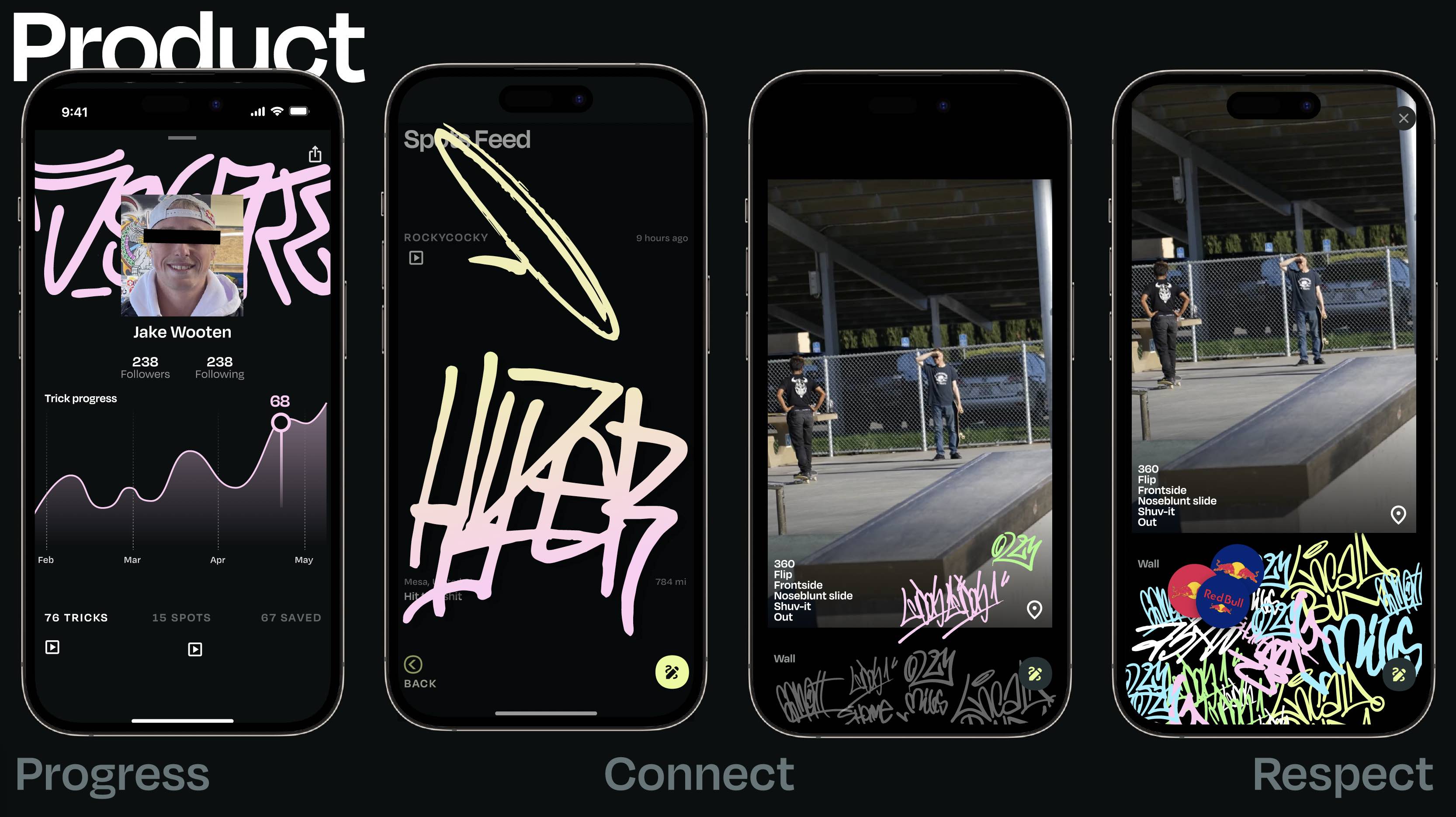 ShredSpots skateboarding app product UI showcasing trick progress tracking, spot feed, and community respect features, designed by Studio Wisdom branding studio